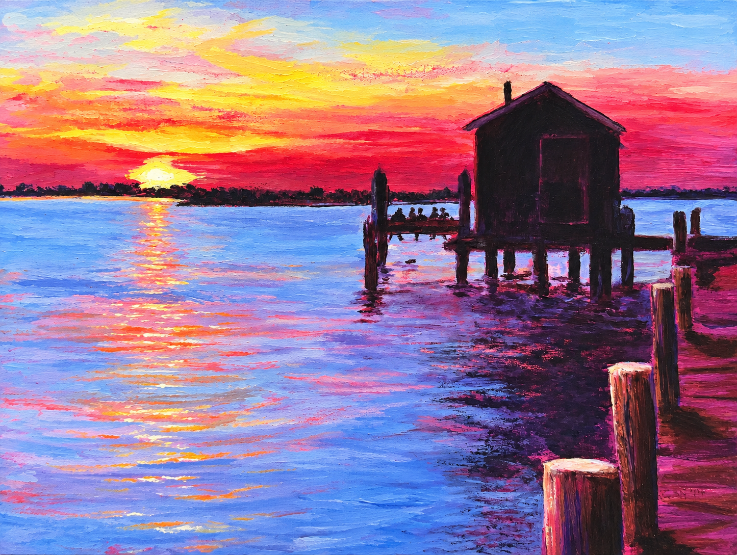 Impressionist Sunset Boathouse Reflections.png