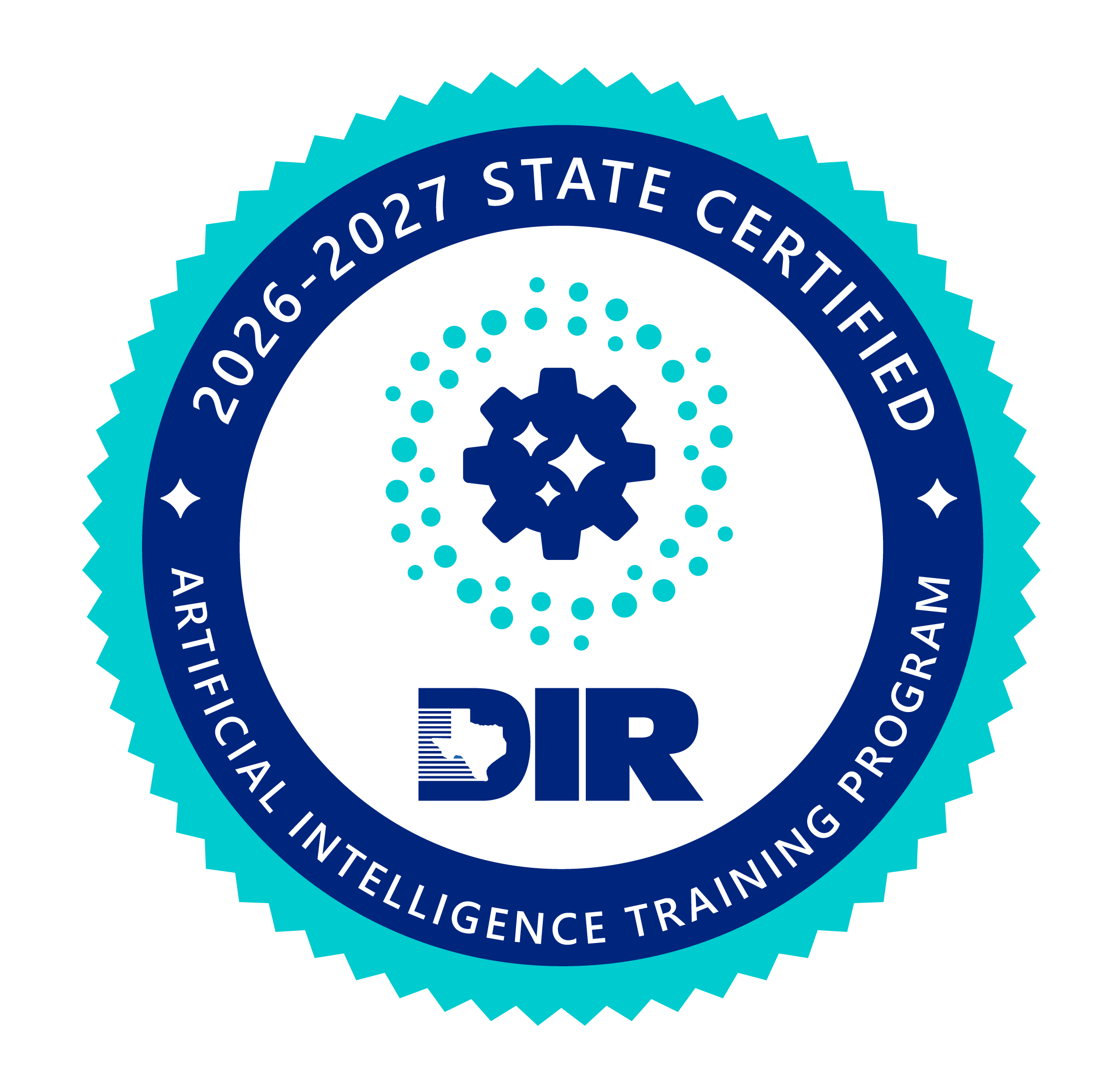 Seal featuring the text '2026-2027 State Certified Artificial Intelligence Training' with a gear and snowflake design.