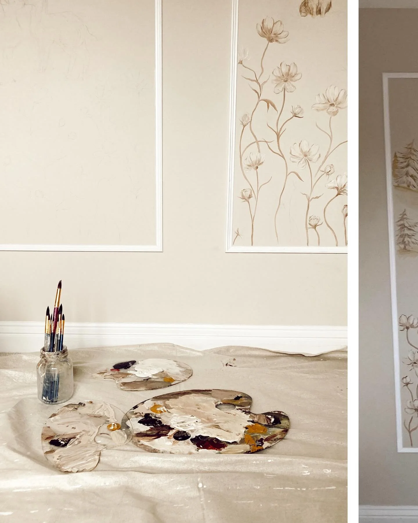 ✨ Clementine Woodland ✨
&mdash;
Back in 2021, I transformed this nursery into a woodland world, using soft, hand-mixed sepia tones to create a calm and timeless backdrop. Across the walls, flowers bloom in the foreground while mountains, trees and sk