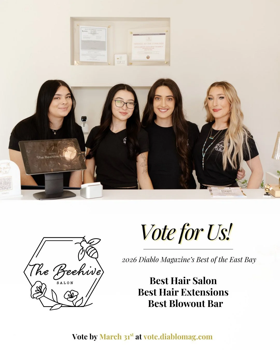 If you love The Beehive, we&rsquo;d love your vote 🗳️🐝

Help us out in the 2026 Diablo Magazine Best of the East Bay by voting for us in:
💇&zwj;♀️ Best Hair Salon
✂️ Best Extensions
🎀 Best Blowout Bar

Your support means everything to our busines