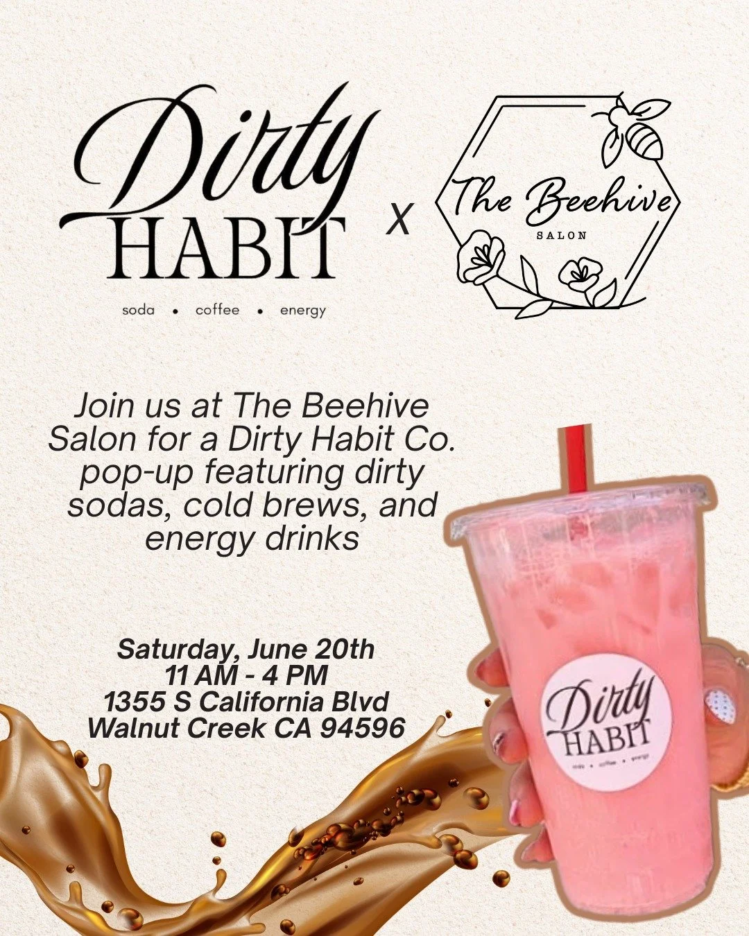 Walnut Creek, are you craving a dirty soda? 👀🥤

We're making your next salon visit even better. @dirtyhabitco is popping up at Beehive with dirty sodas, cold brews &amp; energy drinks, because good hair and great drinks just go together. Stop by, t