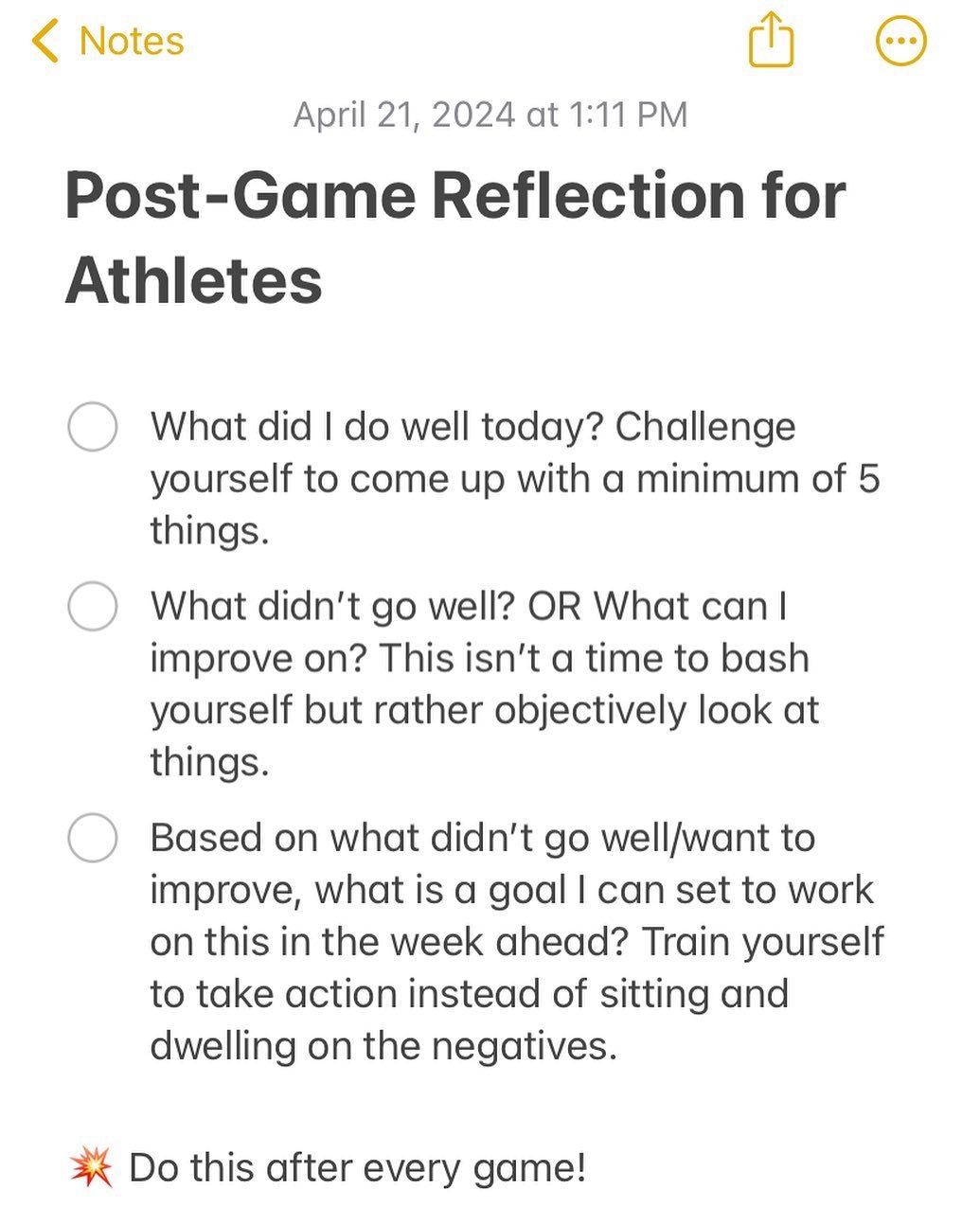 [SAVE THIS] Reflecting after games will be one of the best habits you can create for yourself as an athlete.

This reflection will allow you to:

1️⃣ Acknowledge and celebrate what you&rsquo;re doing well. Which in turn will reinforce those performan