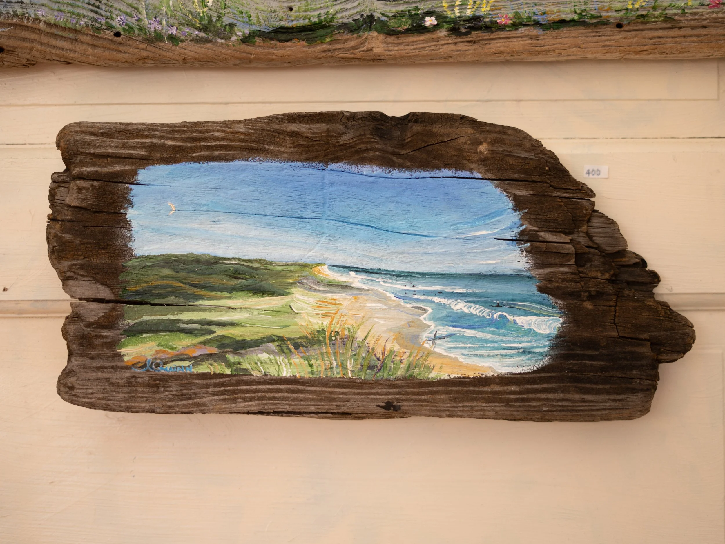 Newcomb Hollow, acrylic on driftwood, 2023