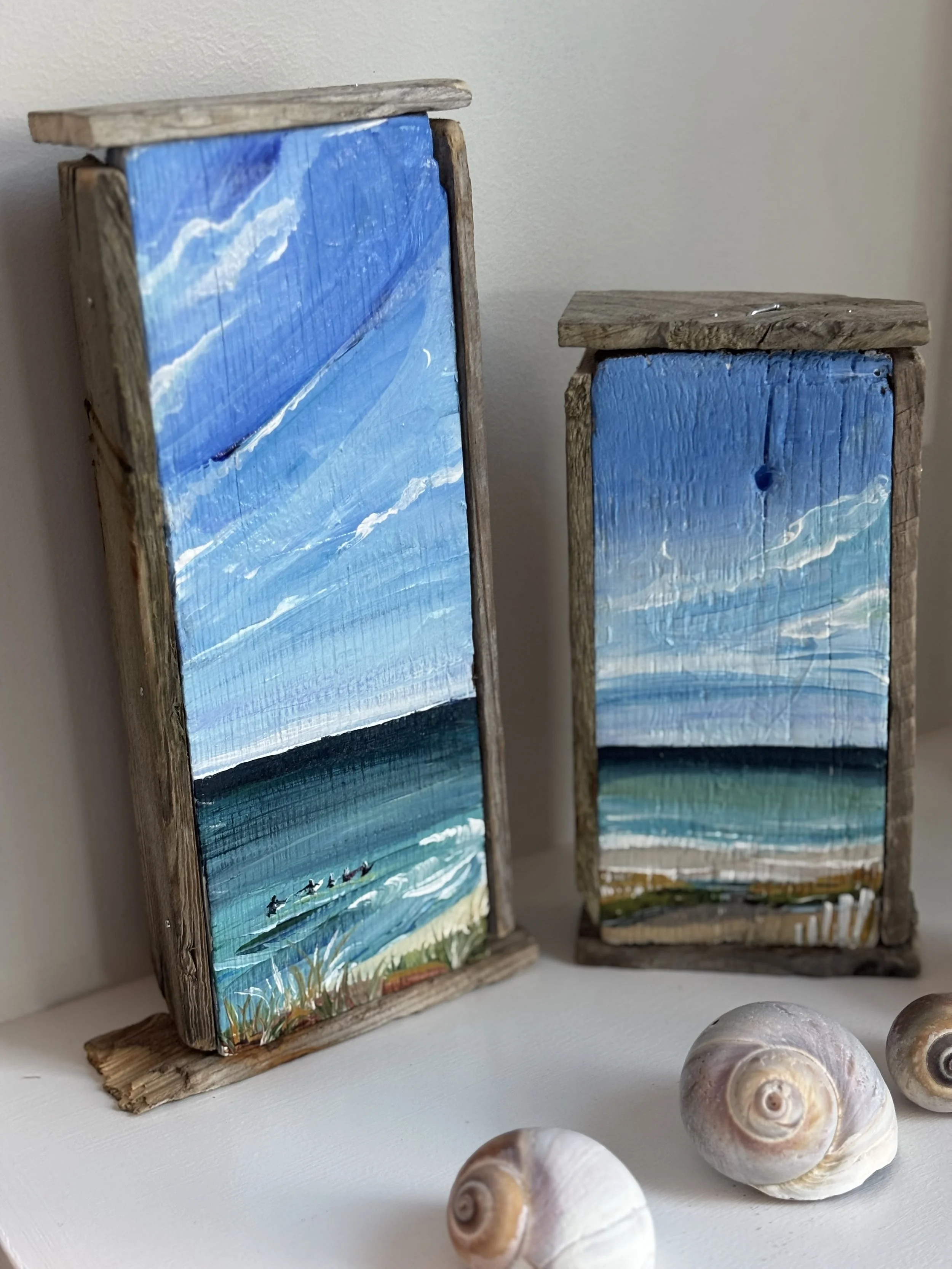 Surfers, acrylic on wood, 2025