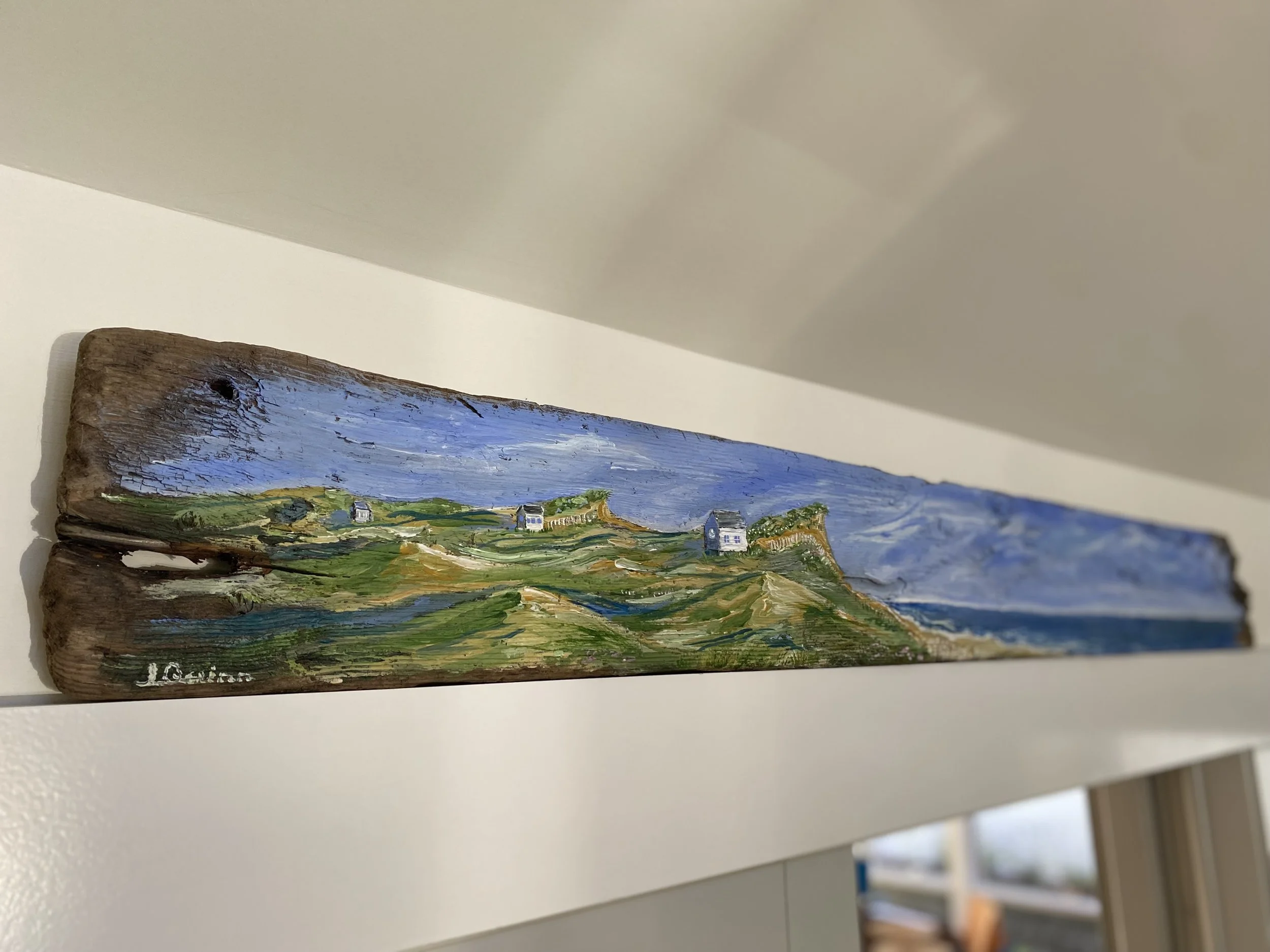 Dune shacks, acrylic on driftwood, 2022
