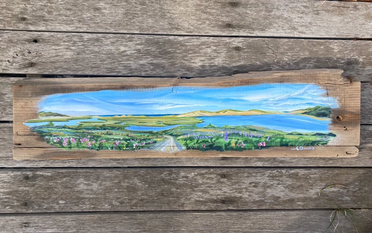 Fort Hill Flowers, acrylic on driftwood, 2023