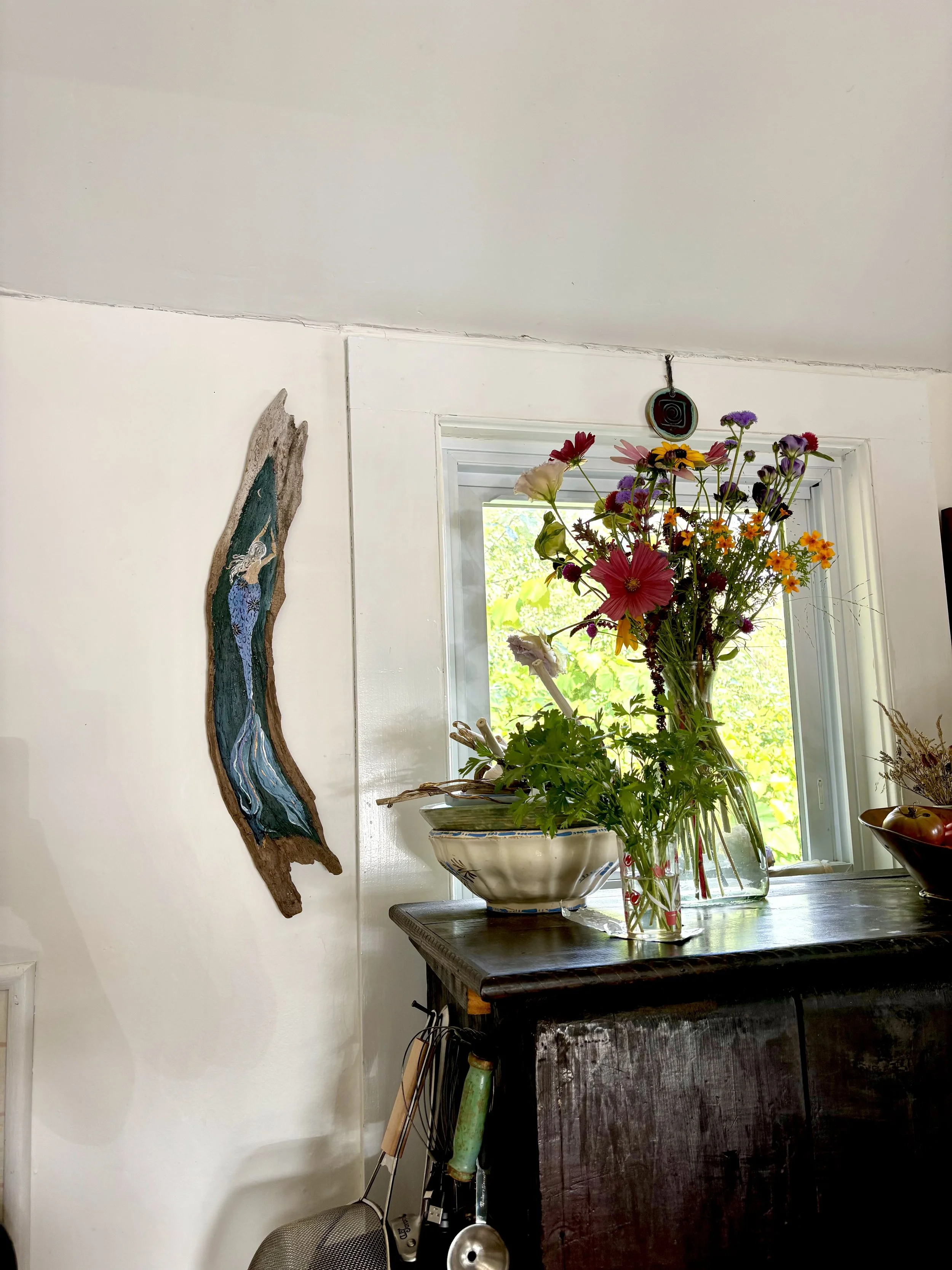 Flora Mermaid, acrylic on driftwood, 2025