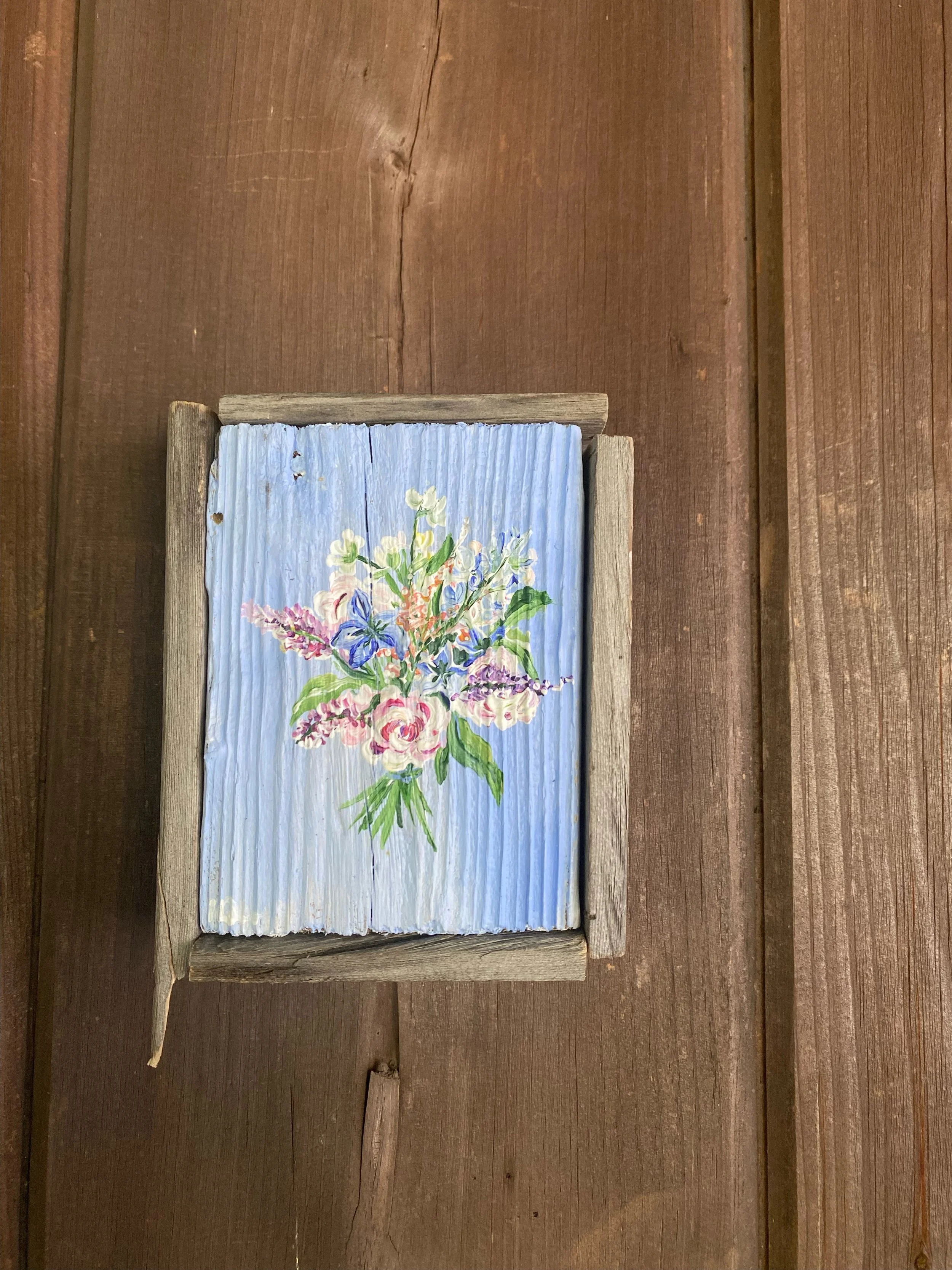 bouquet painting on driftwood