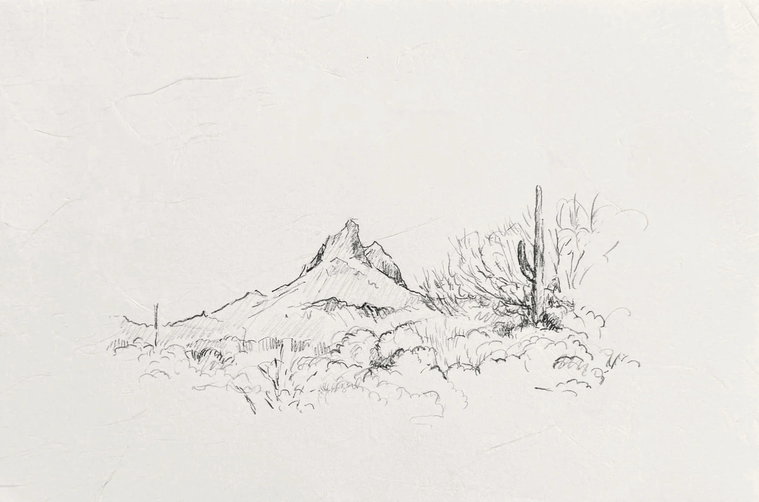 Picacho Peak from Jena St | Tucson, pencil on kozo paper, 2026