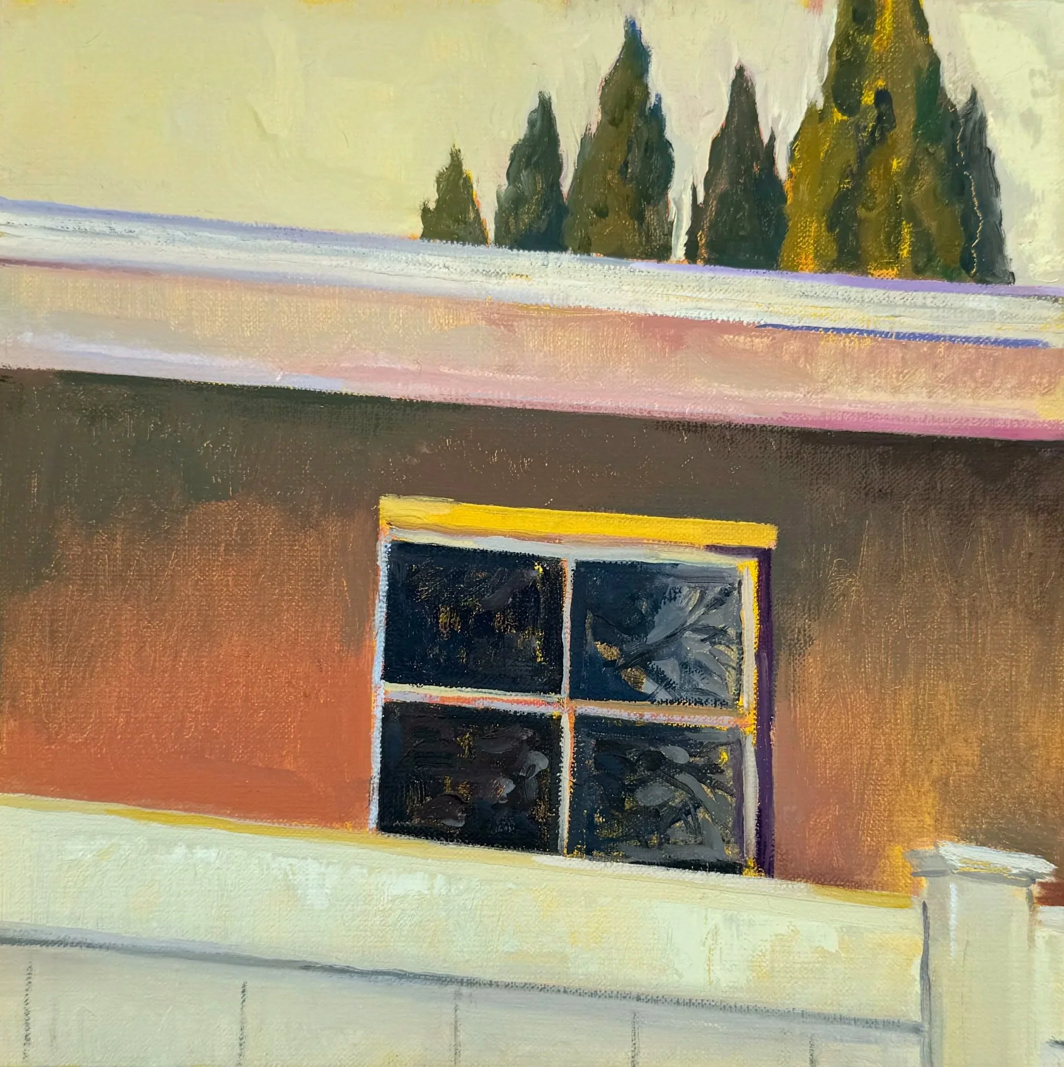 Backyard Reflections | Late January, oil on linen, 12 in x 12 in, 2025
