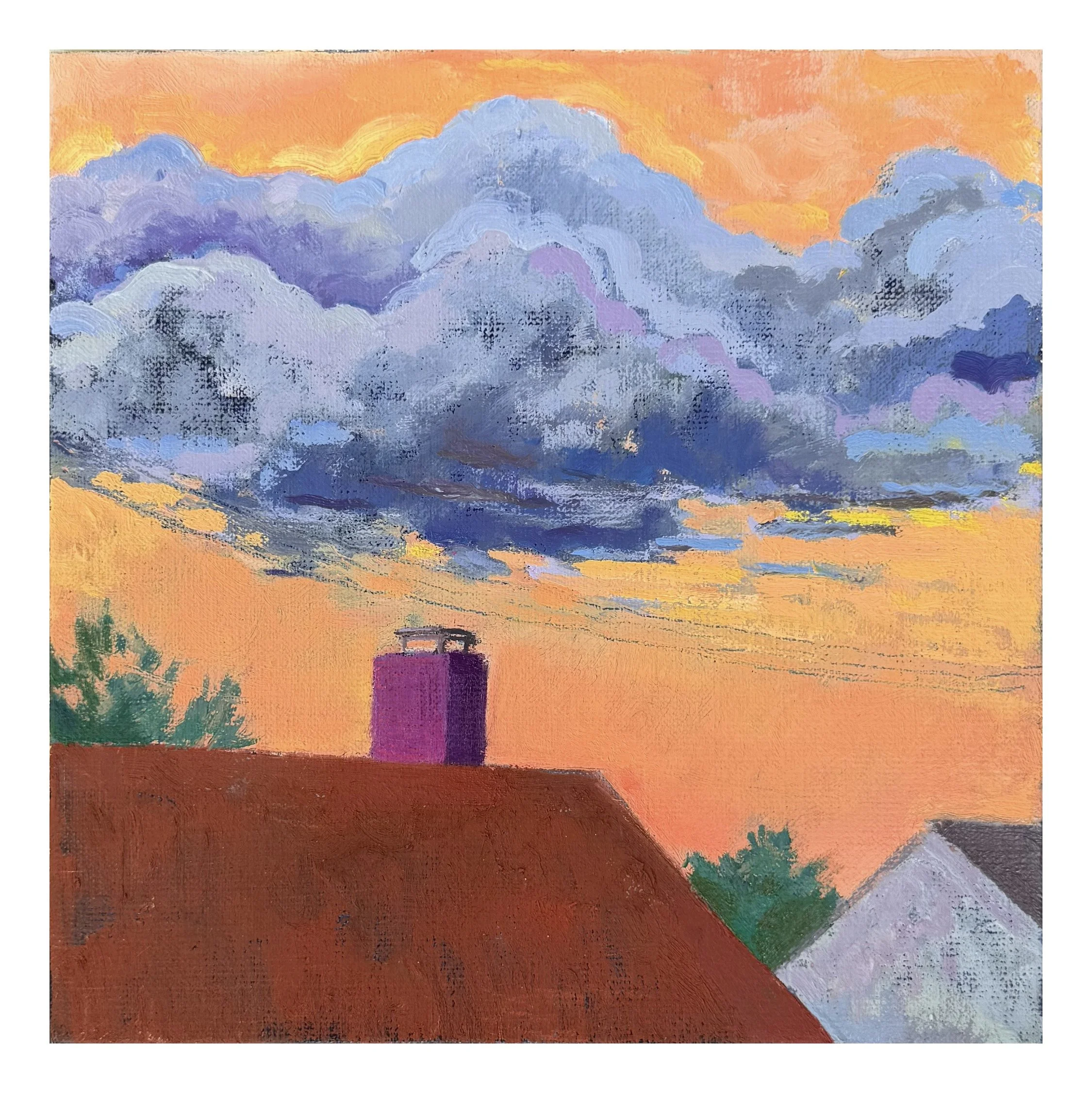 Rooftops | Orange Sunset, oil on linen, 8 in  x 8 in, 2025