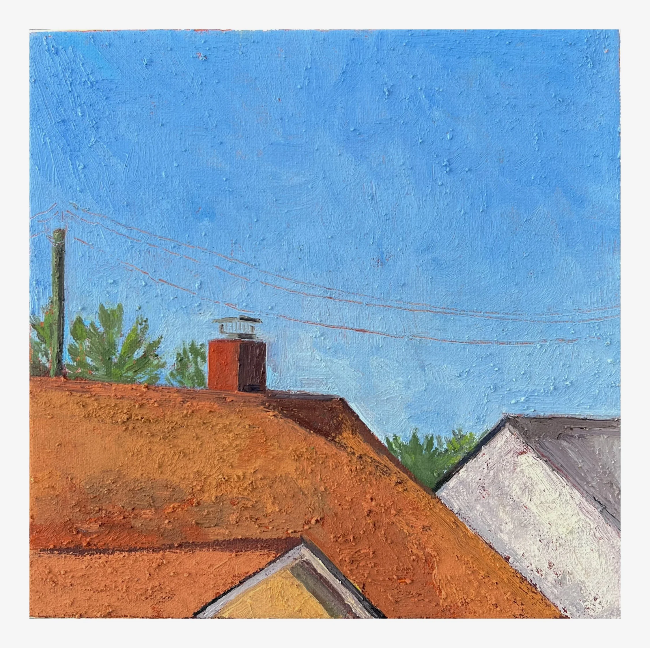 Rooftops | High Sky, oil and sand on linen, 8 in x 8 in, 2025