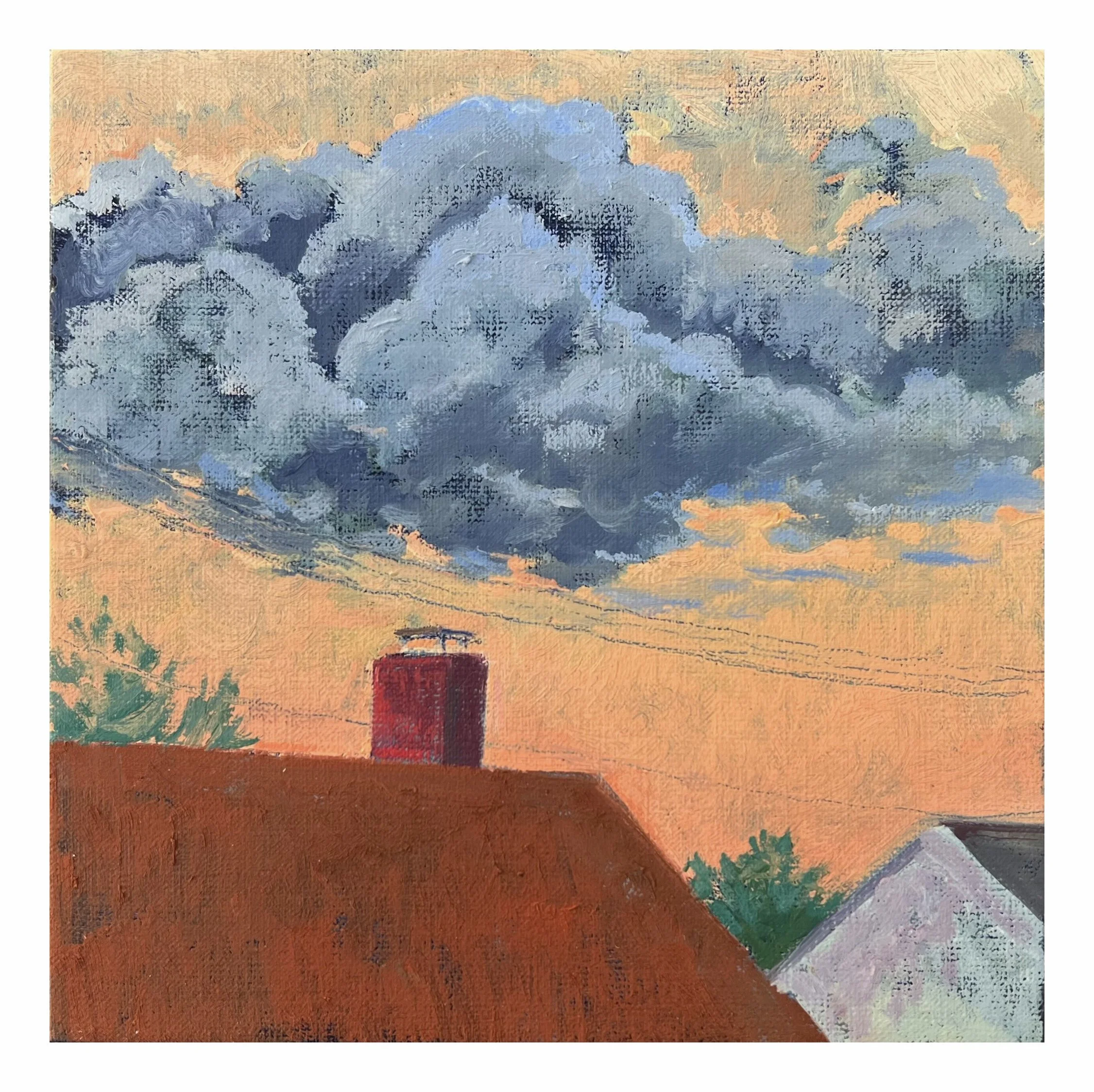 Rooftops | Orange Sunset, oil on linen, 8 in  x 8 in, 2025