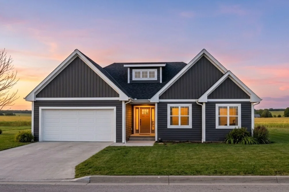 A modern gray house with white trim and a two-car garage, set against a blue sky with clouds.