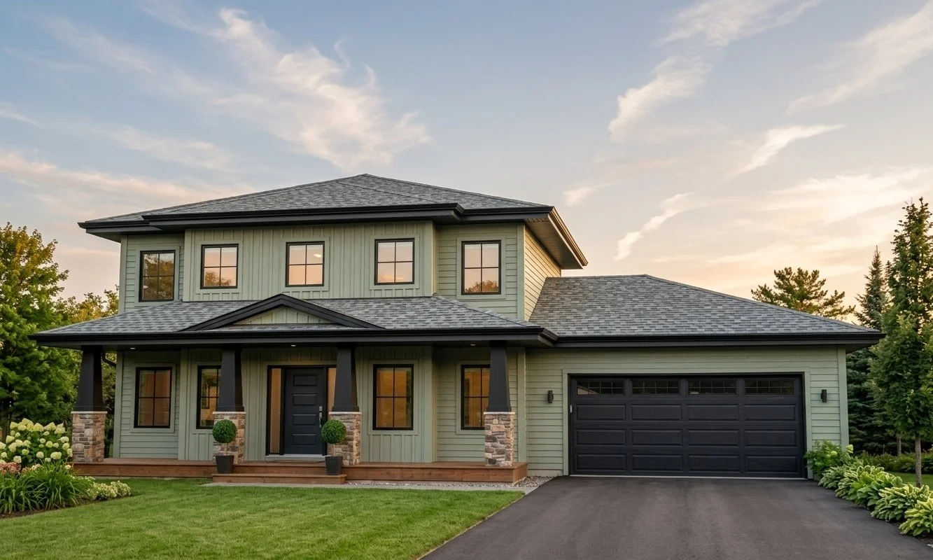 A modern two-story house with green siding, black accents, and a two-car garage. The house has a front porch with wooden steps, two potted plants, and a landscaped yard with colorful flowers and trees.
