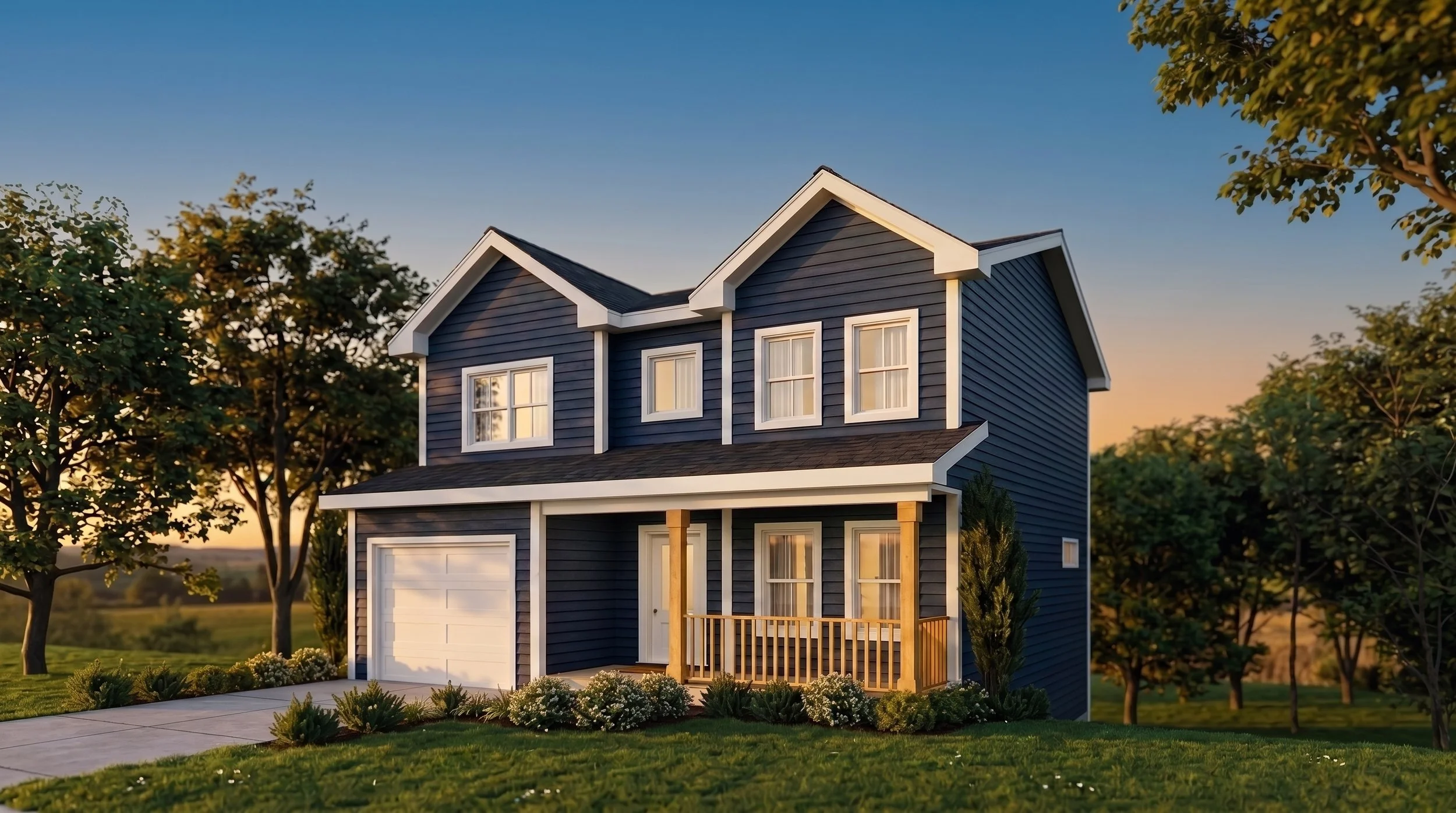 A two-story modern house painted in navy blue with white trim, featuring a small front porch, a attached garage, surrounded by green grass and trees under a clear blue sky.