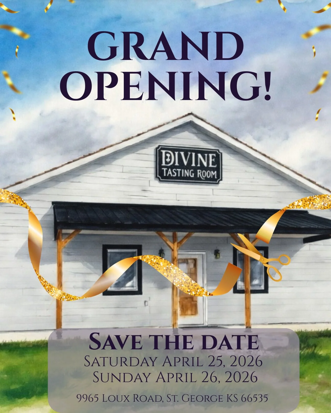Grand Opening Alert‼️ We&rsquo;re thrilled to finally uncork our beautiful new tasting room!

Join us:
📅 Saturday, April 25, 2026 | 2pm&ndash;7pm
&rarr; Live music with the amazing Tony Ridder Band from 4pm&ndash;6pm 🎵
📅 Sunday, April 26, 2026 | 1