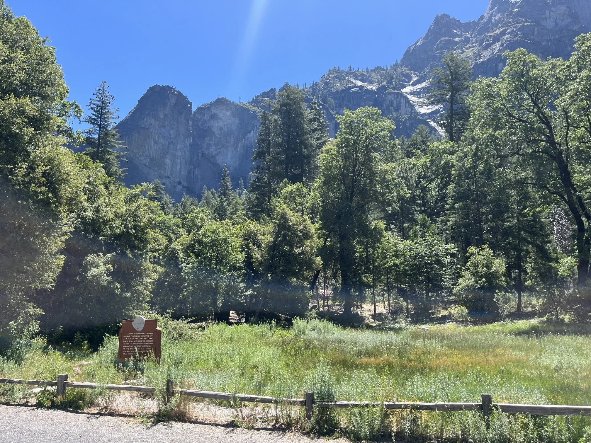 Historic marker for the meadow where John Muir and Teddy Roosevelt camped