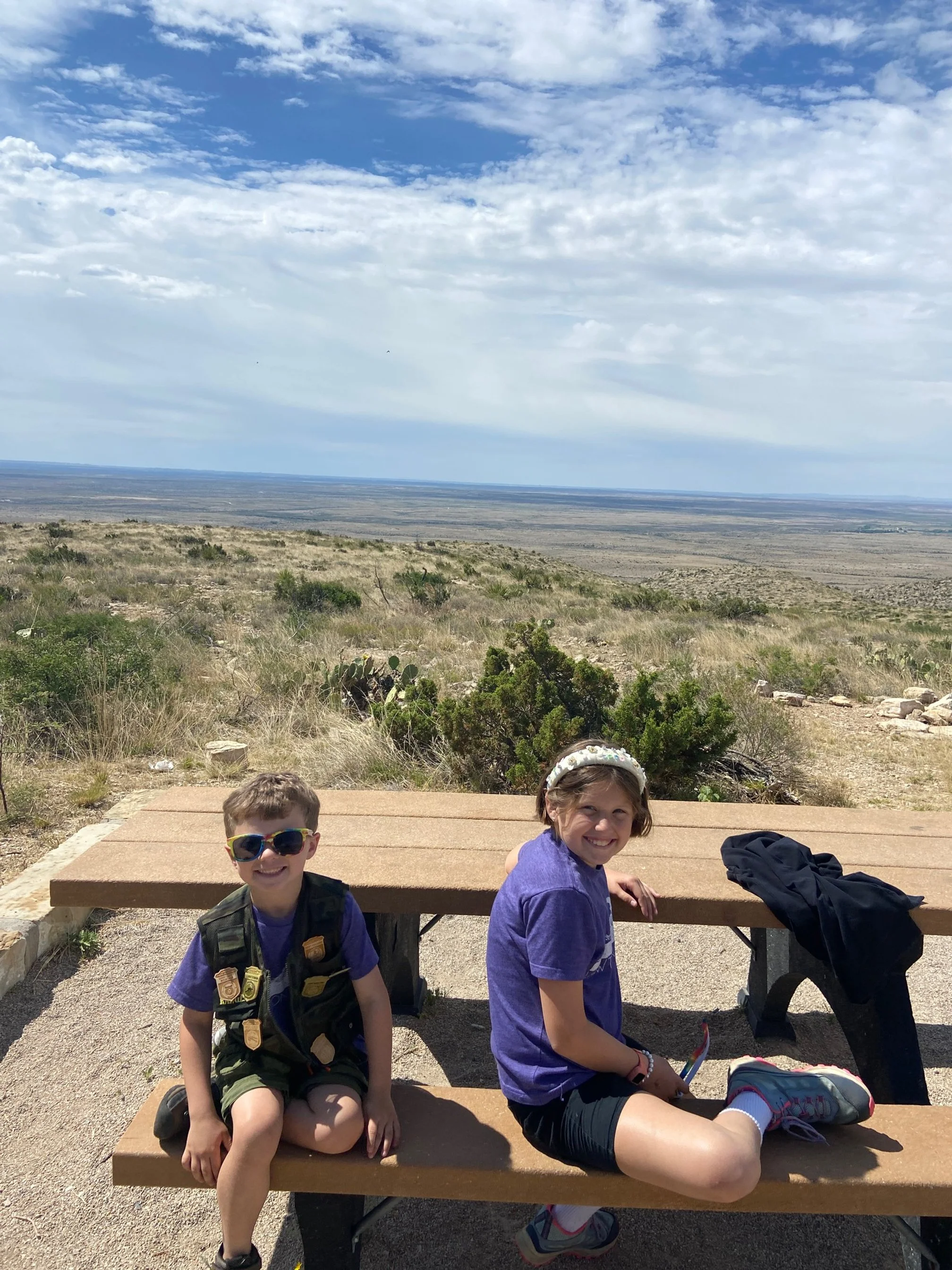 The author's children sit at a picnic table overlooking the Chihuahuan Desert at Carlsbad Caverns