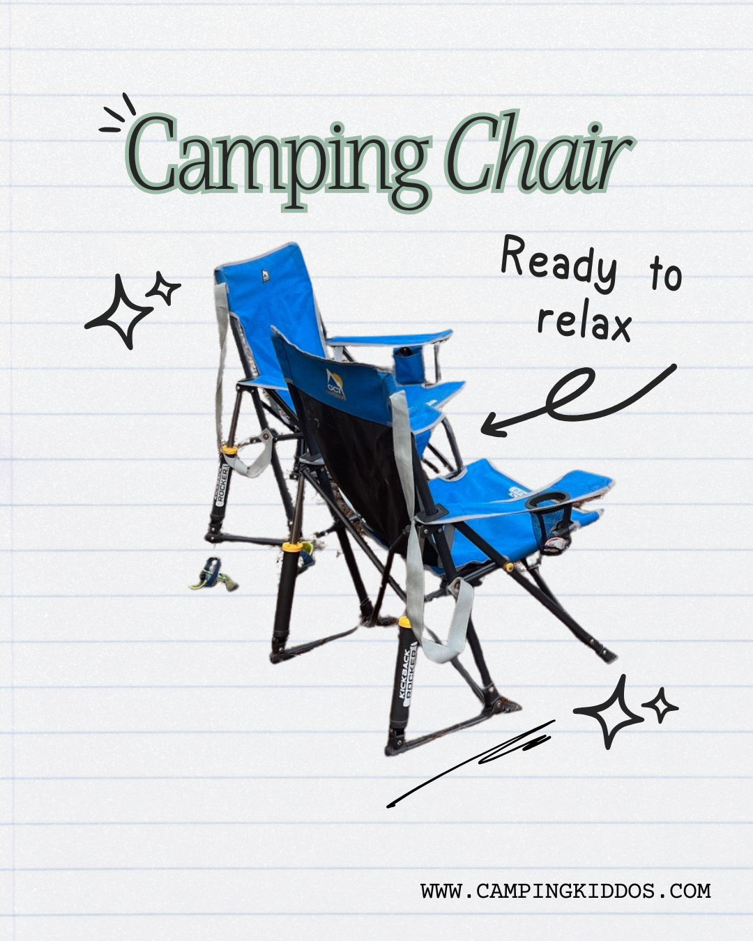 scrapbook style photo with cut out of camping chairs and detailed wording around