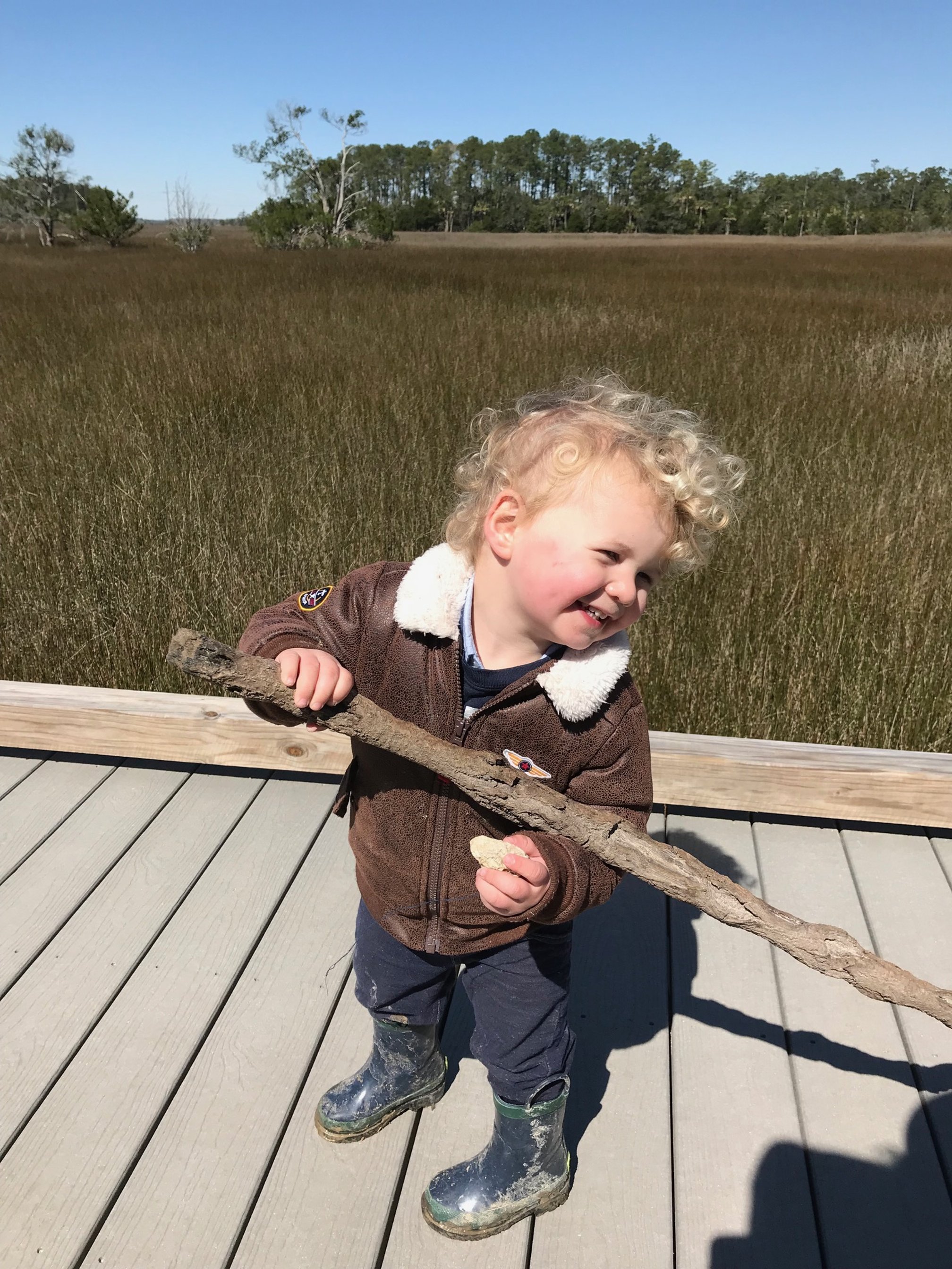 Hauling a stick on the Marsh Trail
