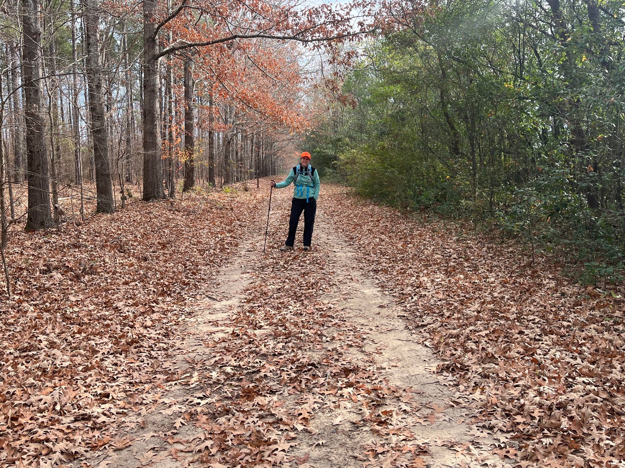 The author's hiking on the Palmetto Trail in South Carolina wearing a fleece and dark hiking pants