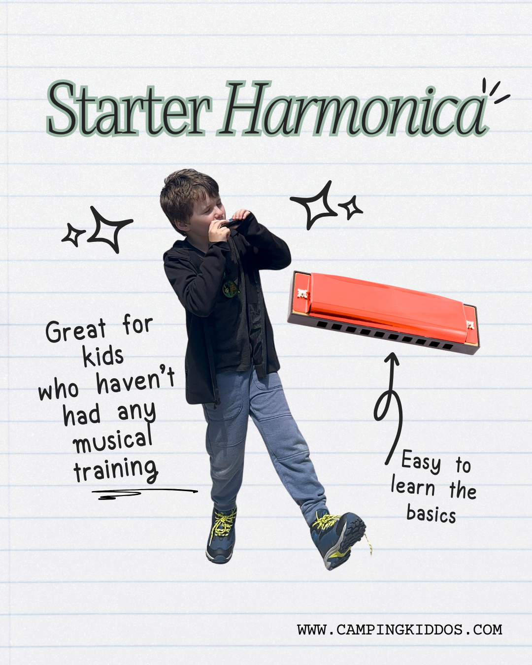 The author's son playing a small harmonica