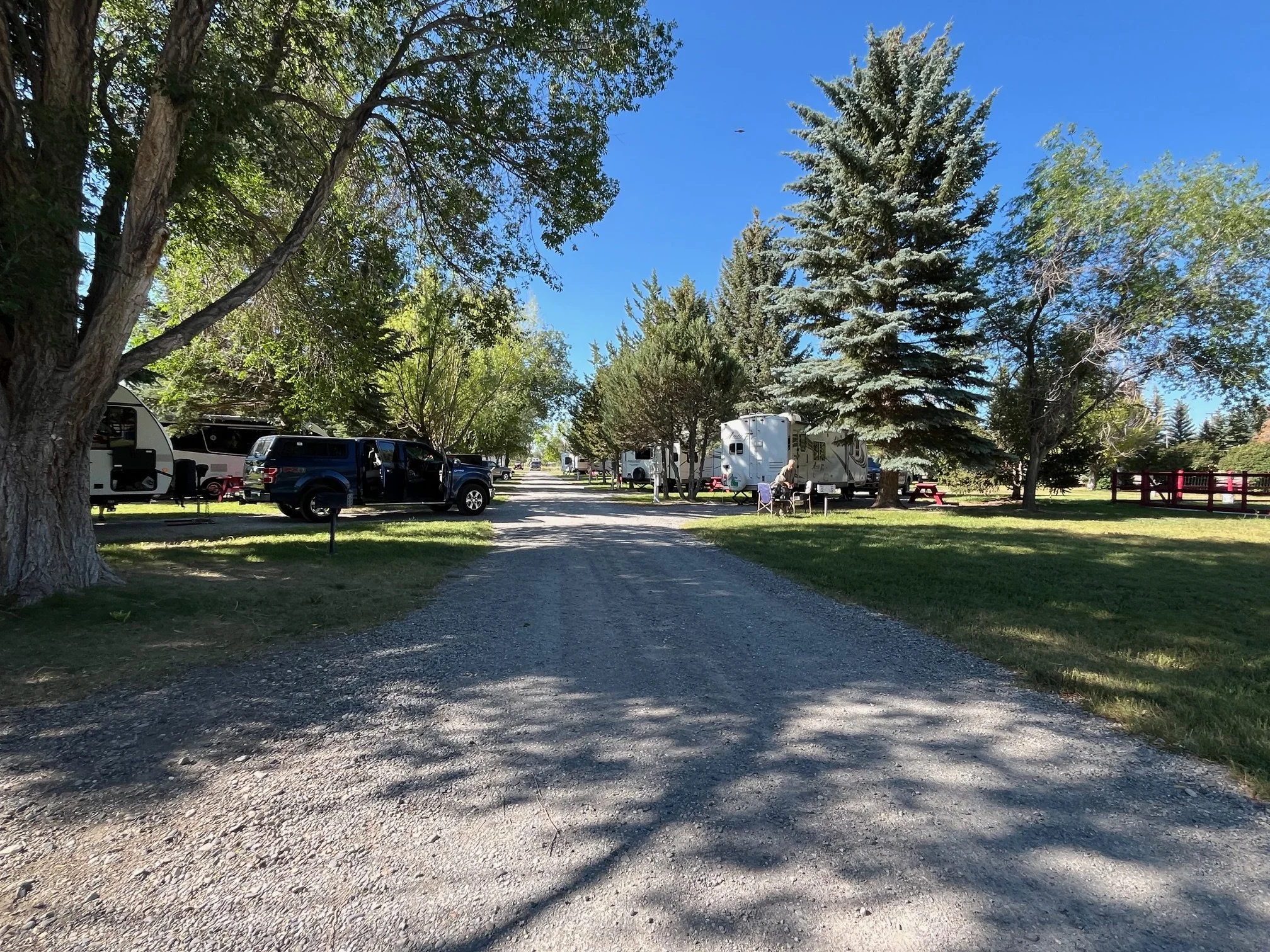 Gravel road in Mountain View RV Park in Arco, Idaho, with trees and campsites on either side