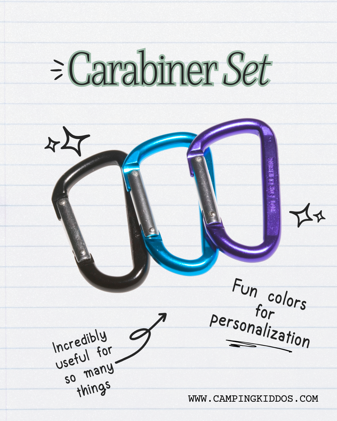 A trio of colorful carabiners with text and doodles around it in a scrapbook style collage