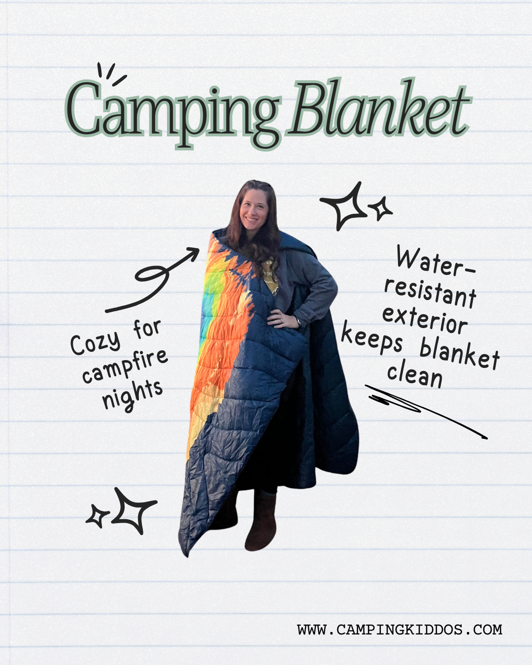 The author wearing a colorful Rumpl blanket