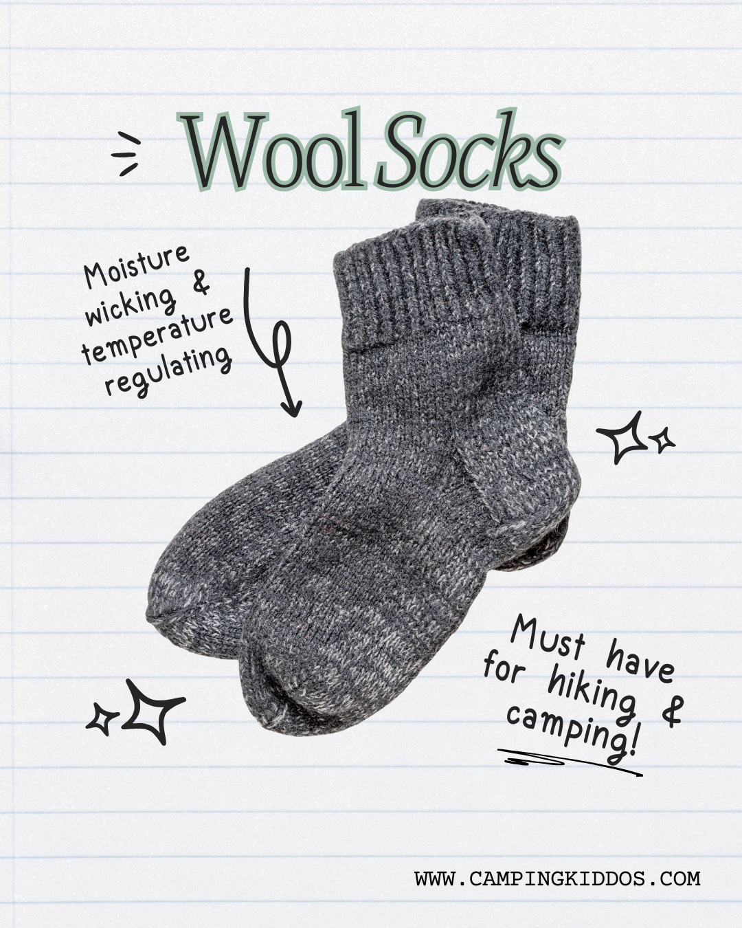 Comfy wool socks on a flatlay with text and doodles around it