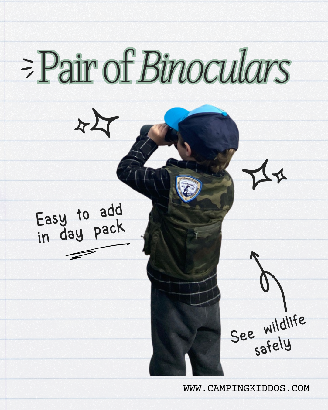 The author's young son holds up a pair of binoculars while wearing a Junior Ranger vest and khakis