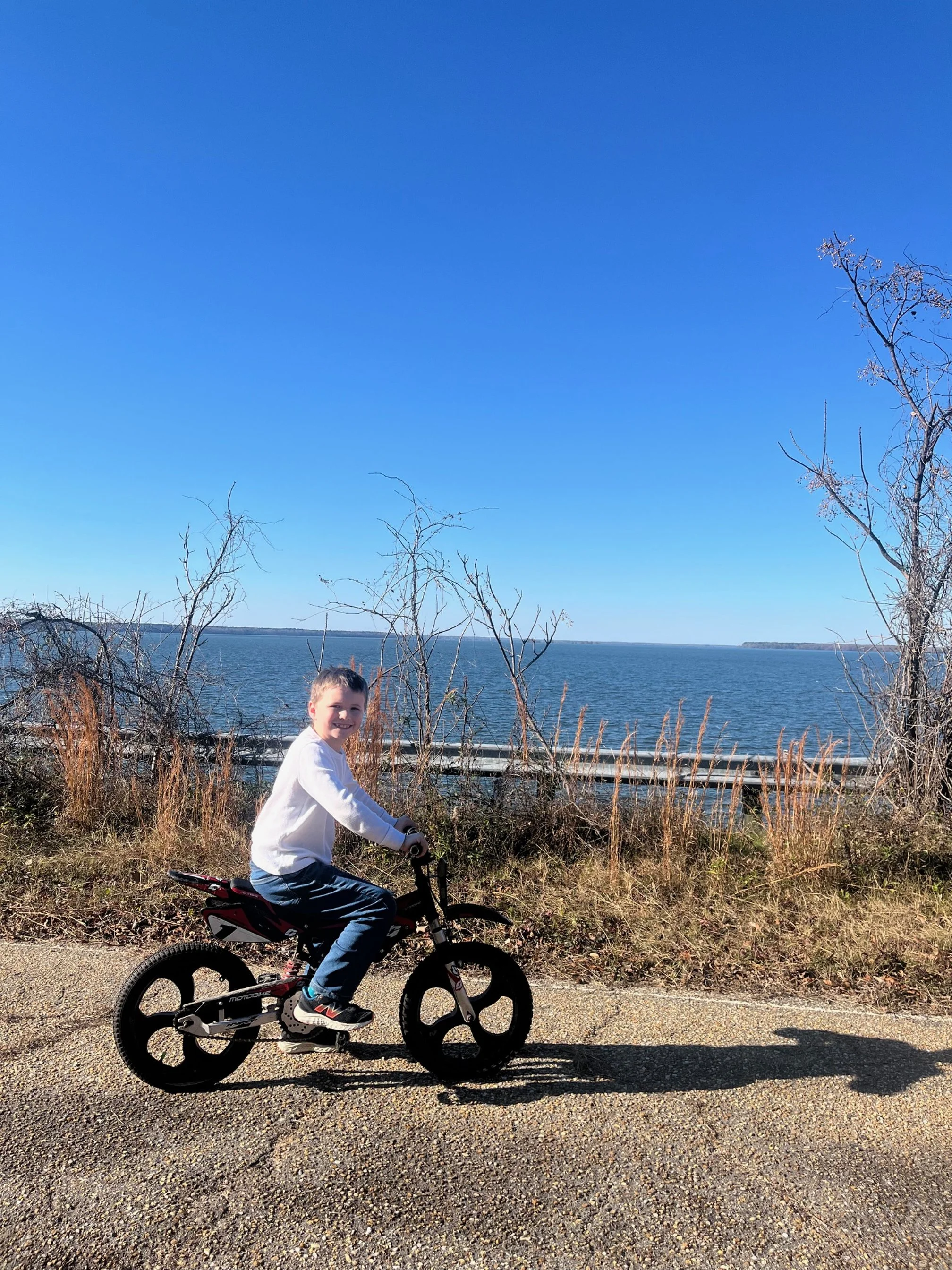 The author's son in a white shirt sitting on a bike with a guardrail and Lake Marion in the background