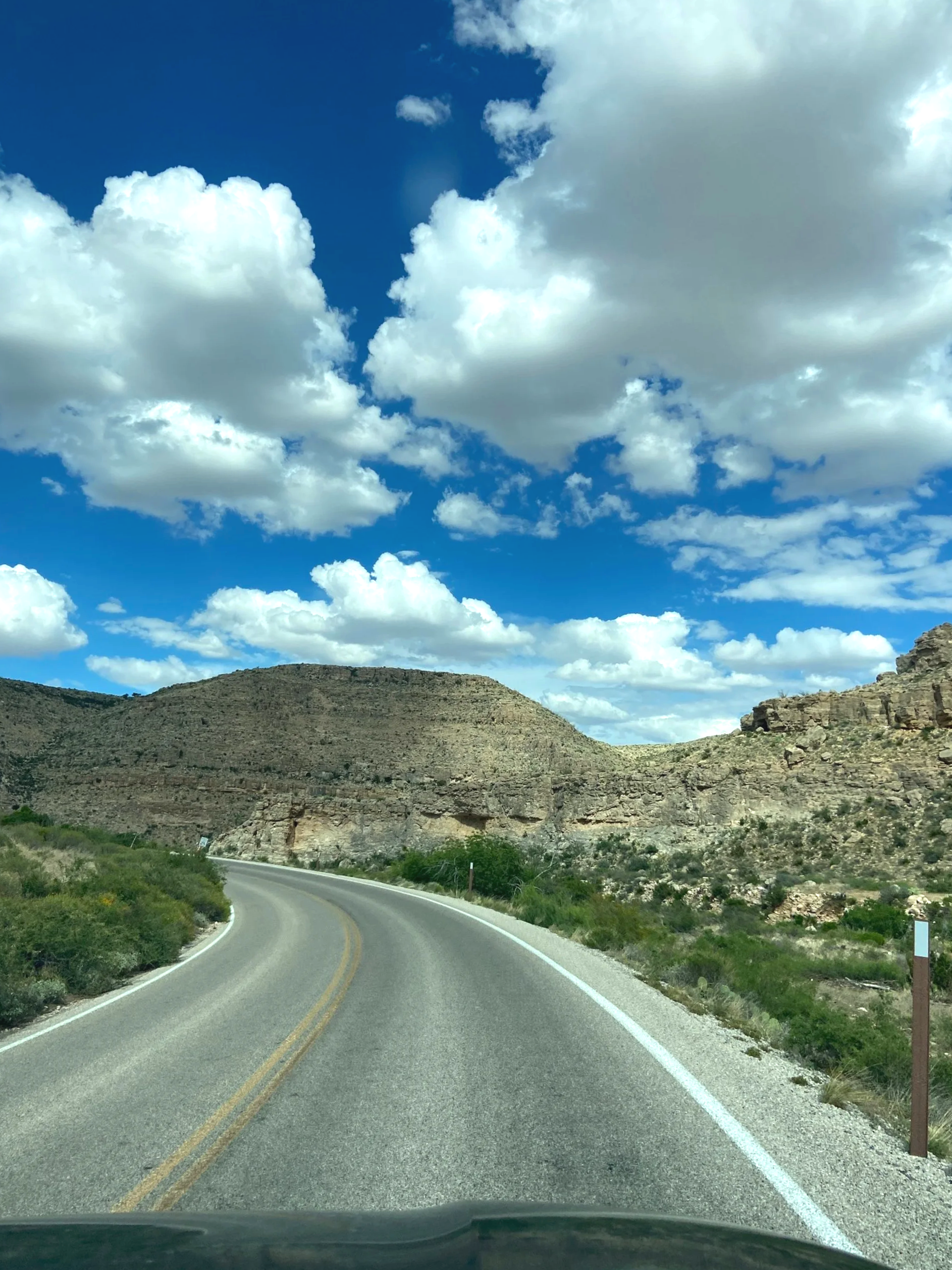The paved 2 lane road winding up through the hills near the Carlsbad Caverns National Park entrance