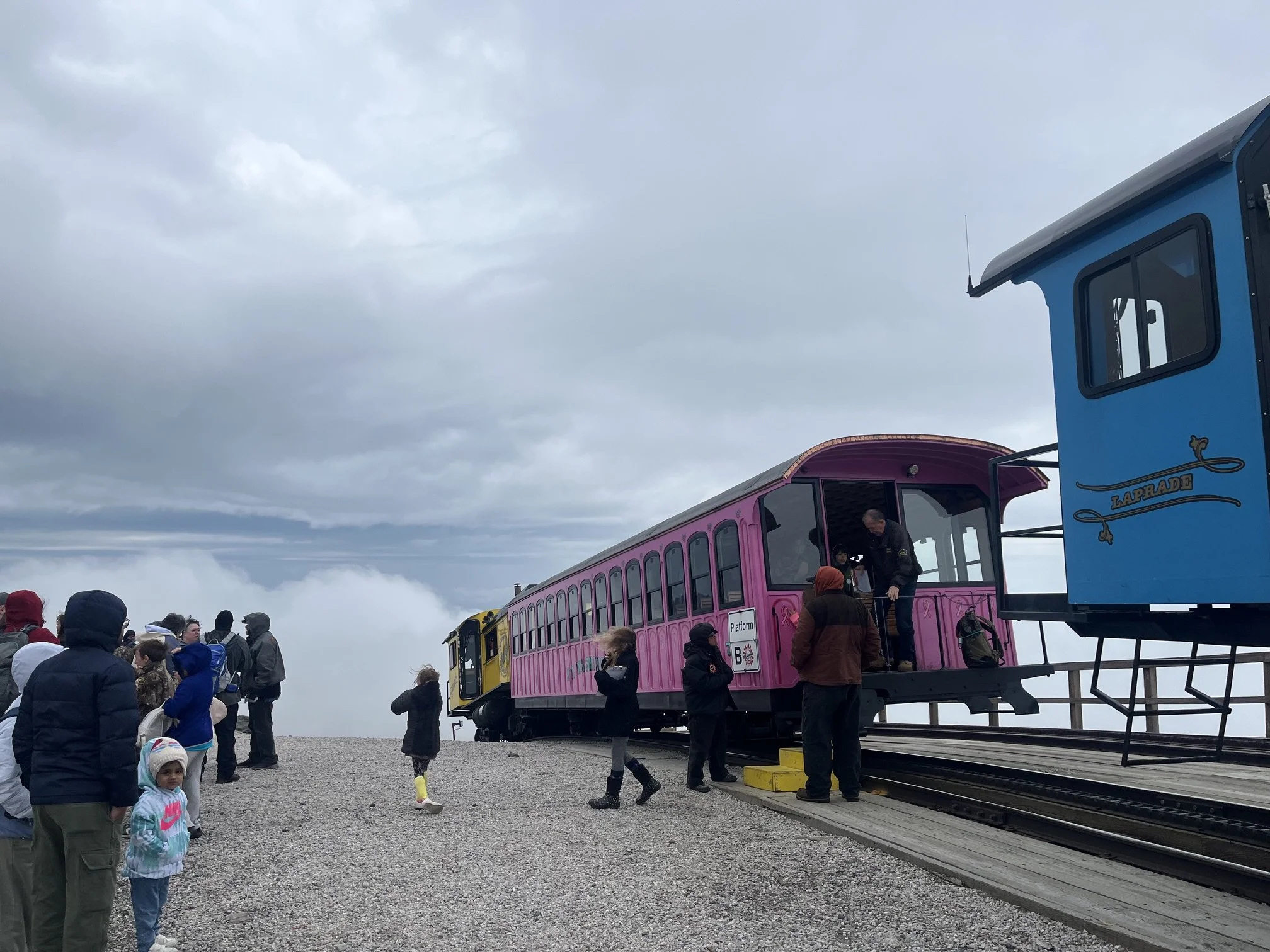 Train cars at the top of Mt. Washington Cog Railway