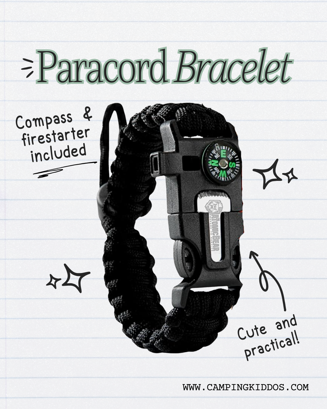 black paracord bracelet with compass and flint built in