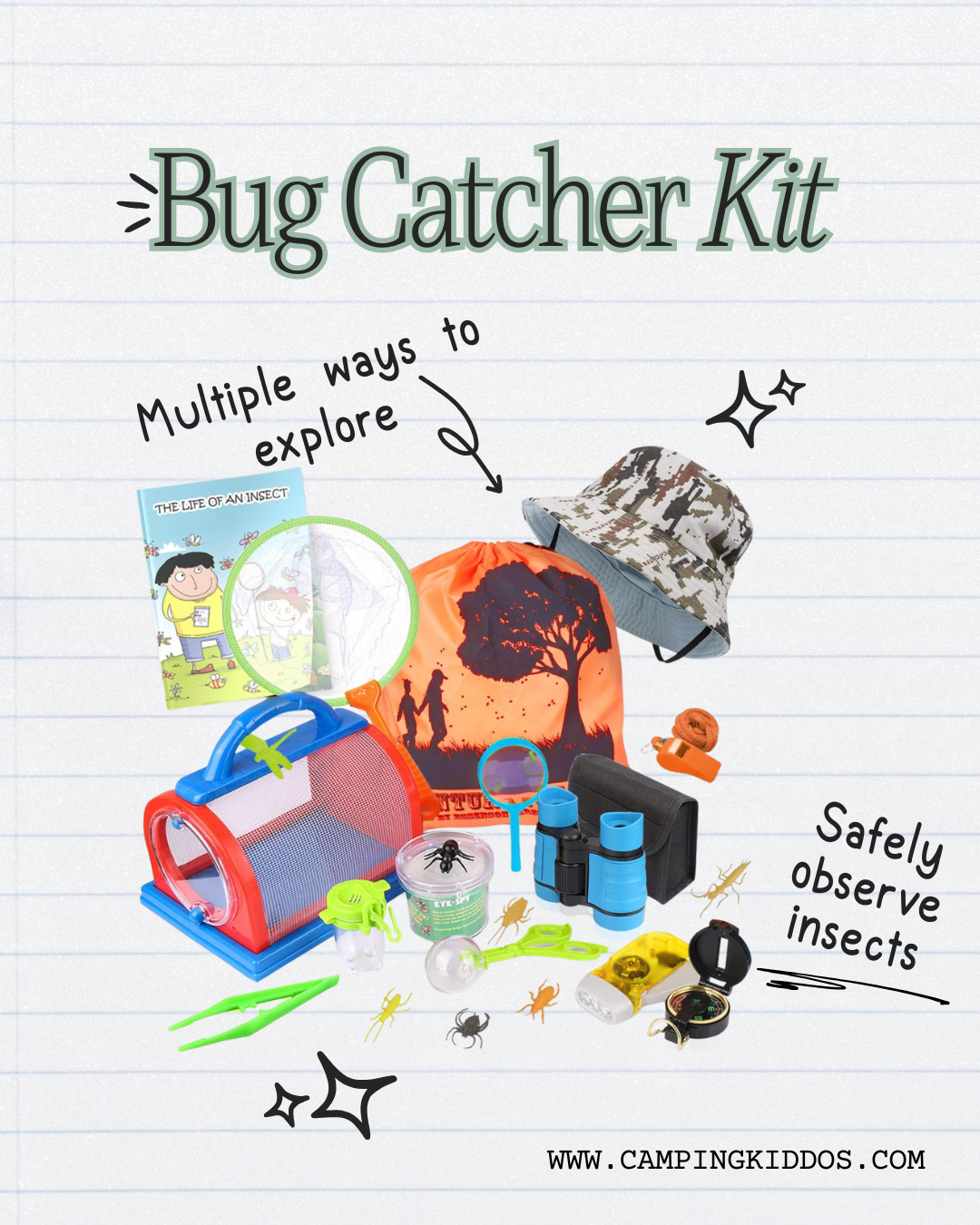 Bug catcher kit with hat, book, binocular and other items