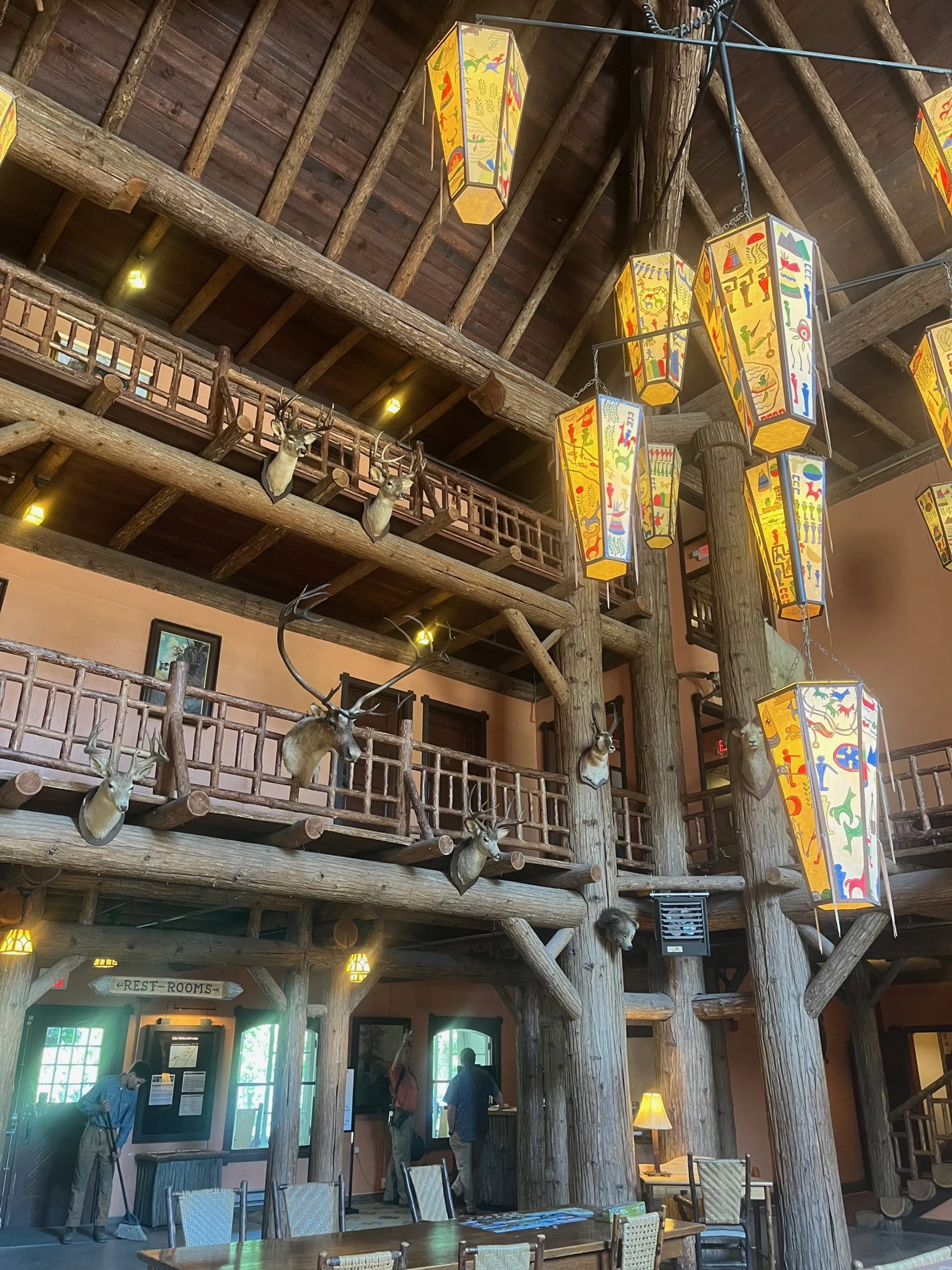 Interior of the lobby at the Lake McDonald Lodge