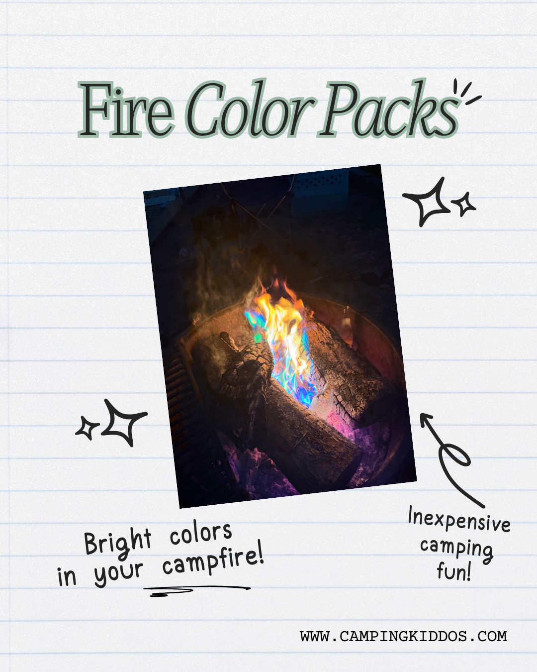 A campfire with multiple colors in the flames