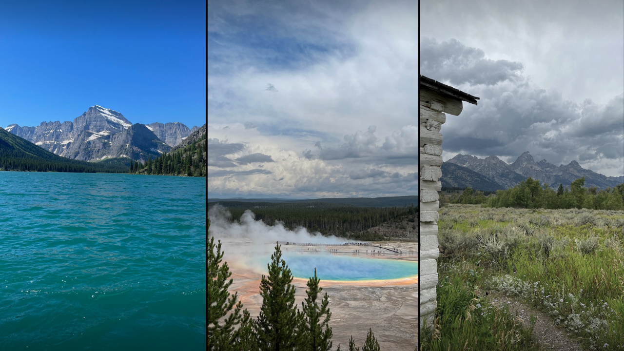 3 photo panel showing mountains in Glacier National Park, Grand Prismatic Spring in Yellowstone National Park and Menor's Ferry building in Grand Teton National Park