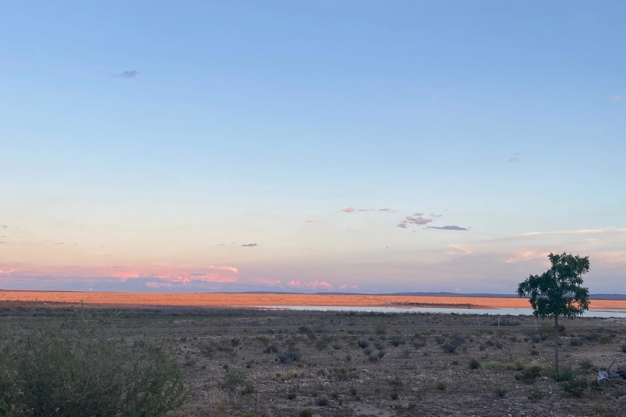 Scrubby desert landscape at sunset with Brantley Lake on the horizon