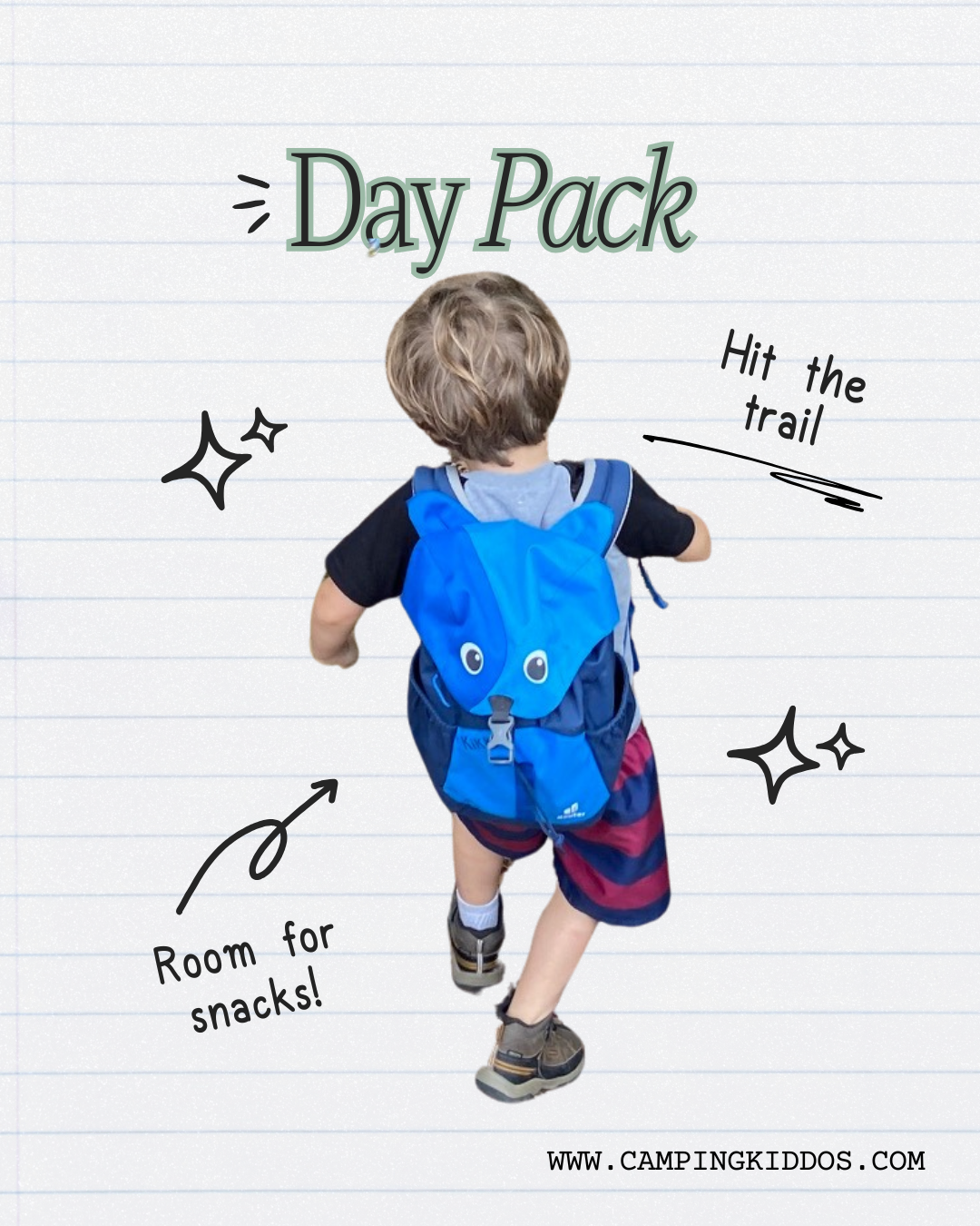 Little boy hiking with a bright blue day pack on