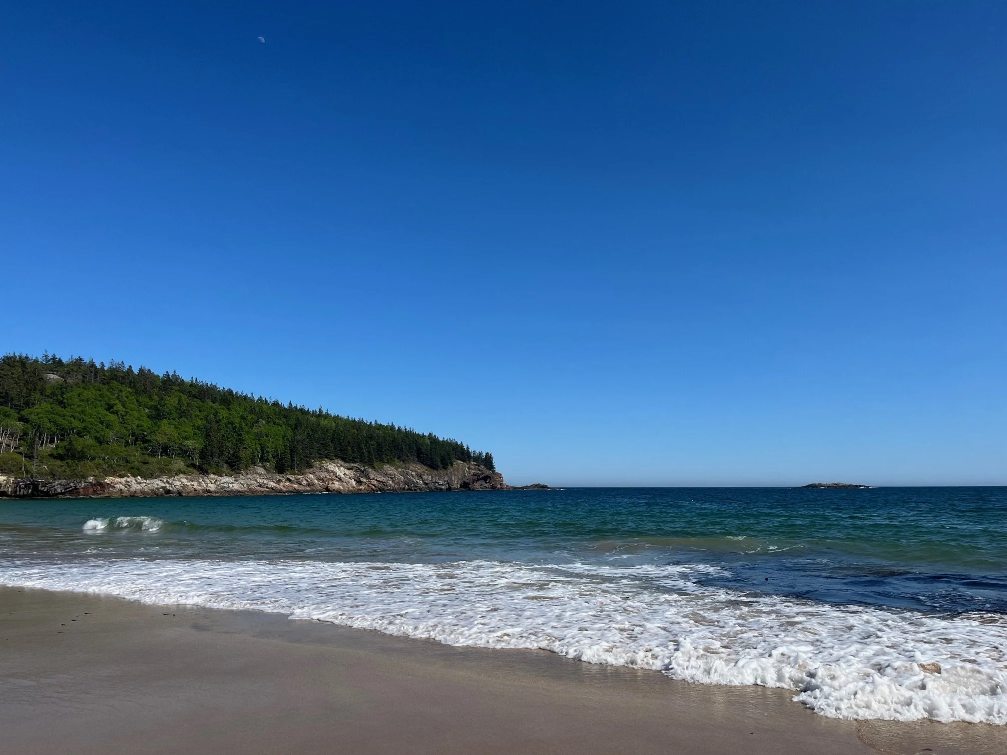 Sand Beach with a rocky cliff and pine trees on a peninsula in the distance