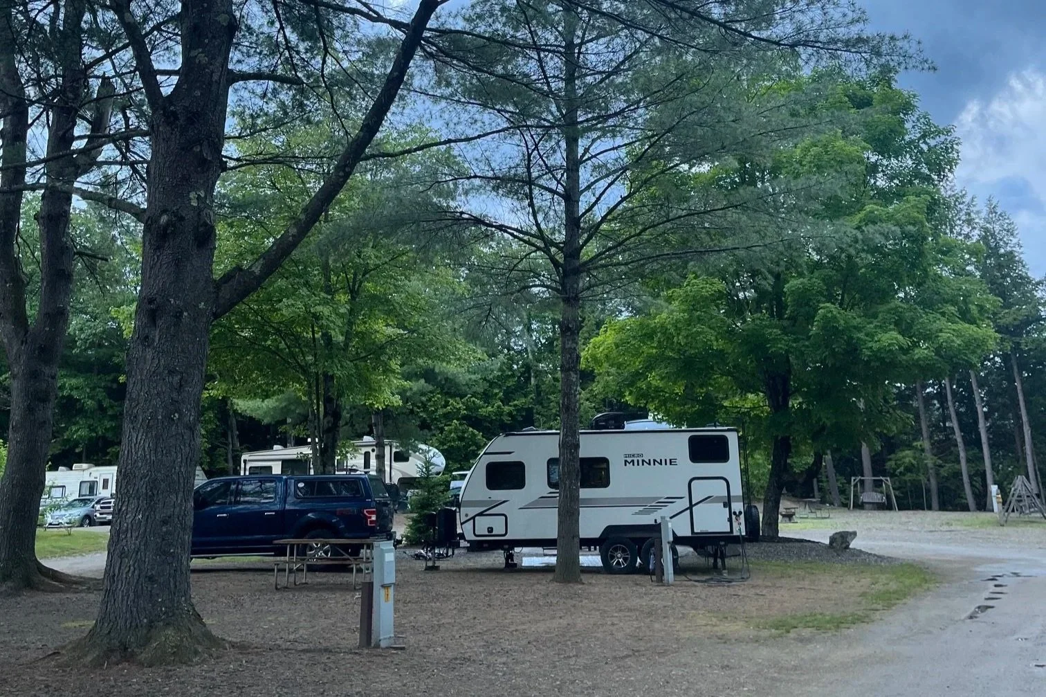 The author's black and white camper among the trees at their site