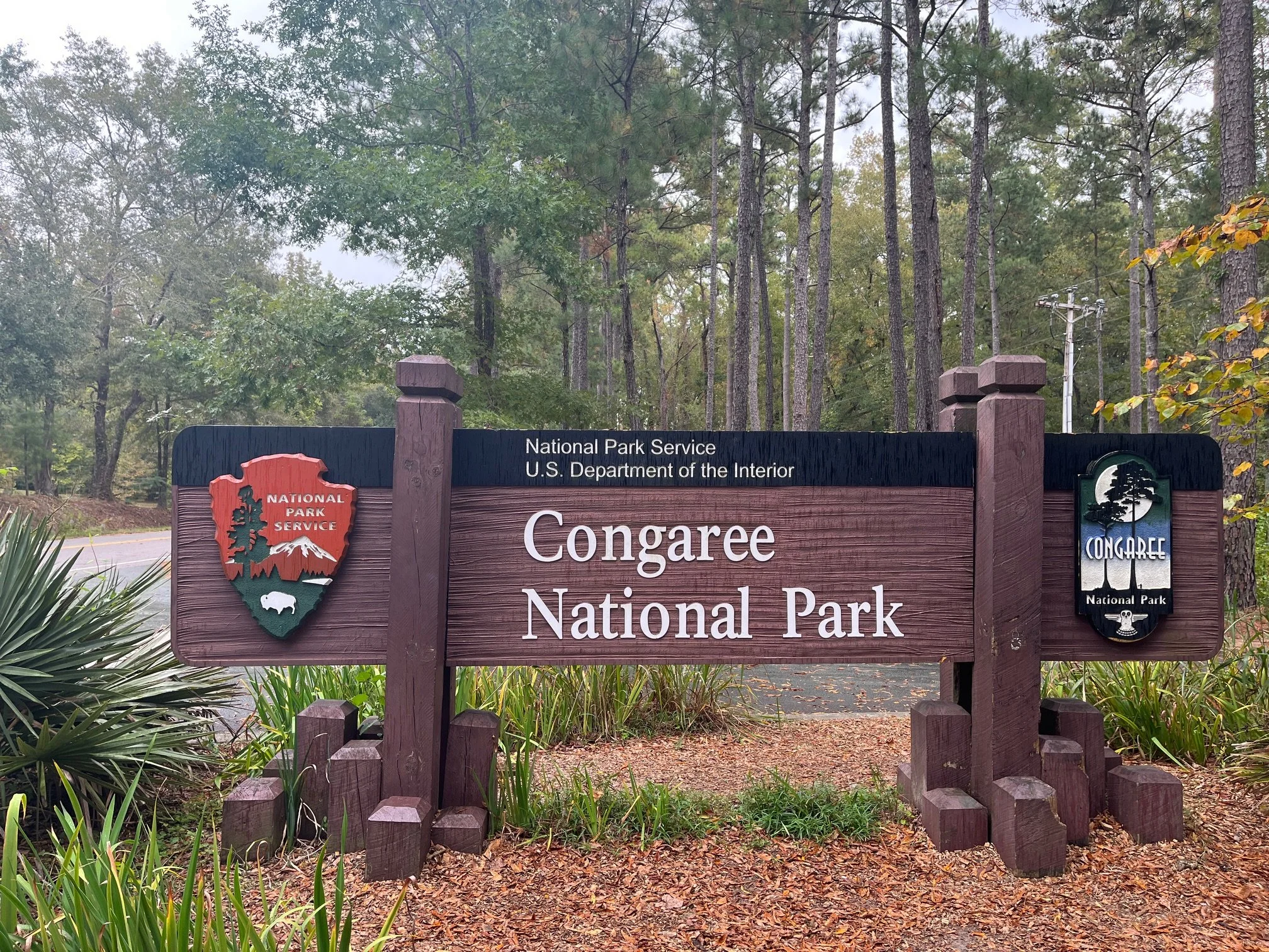Wooden sign at the entrance of Congaree National Park with plants around the base