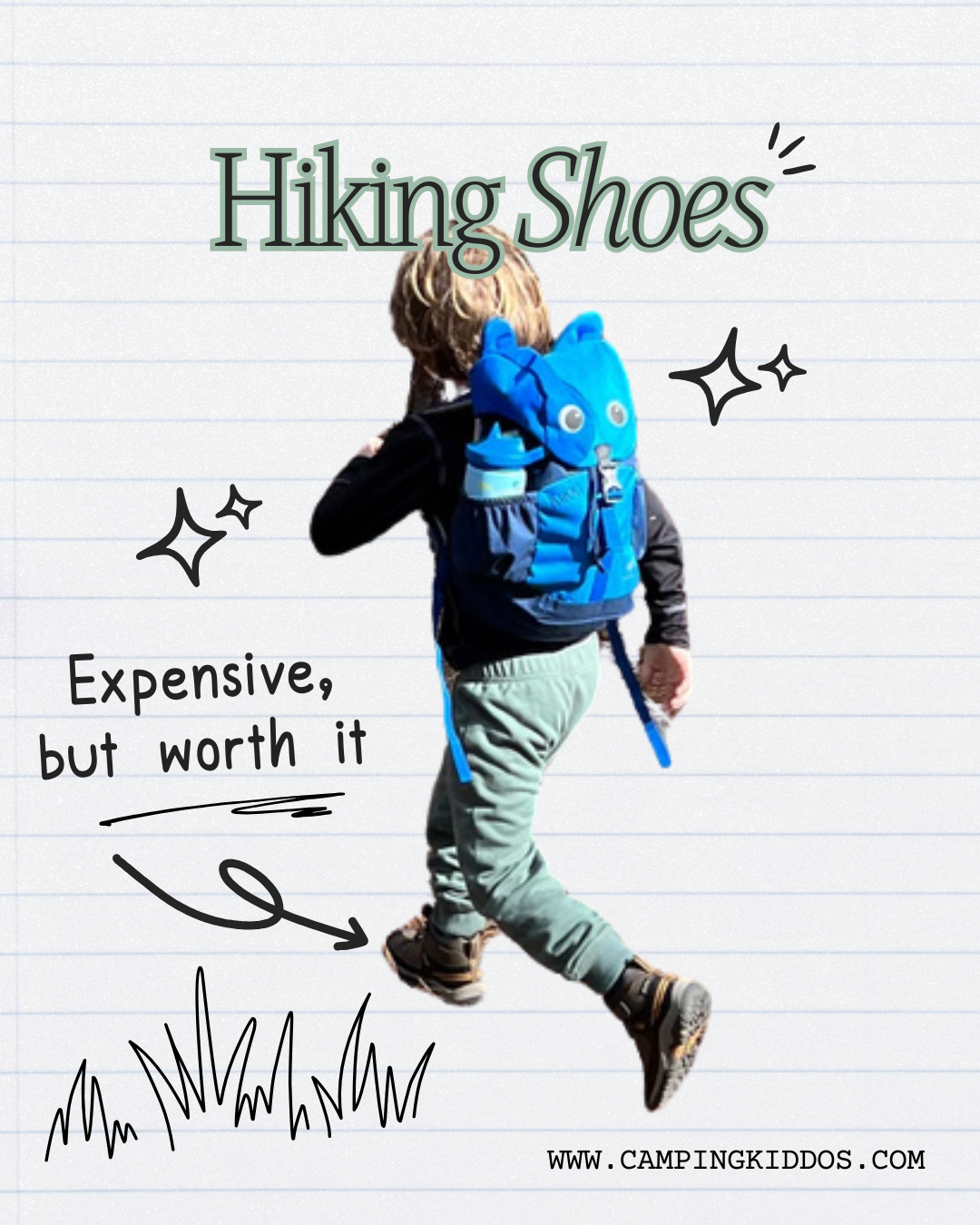 Scrapbook style collage of hiking shoes and little boy hiking with details