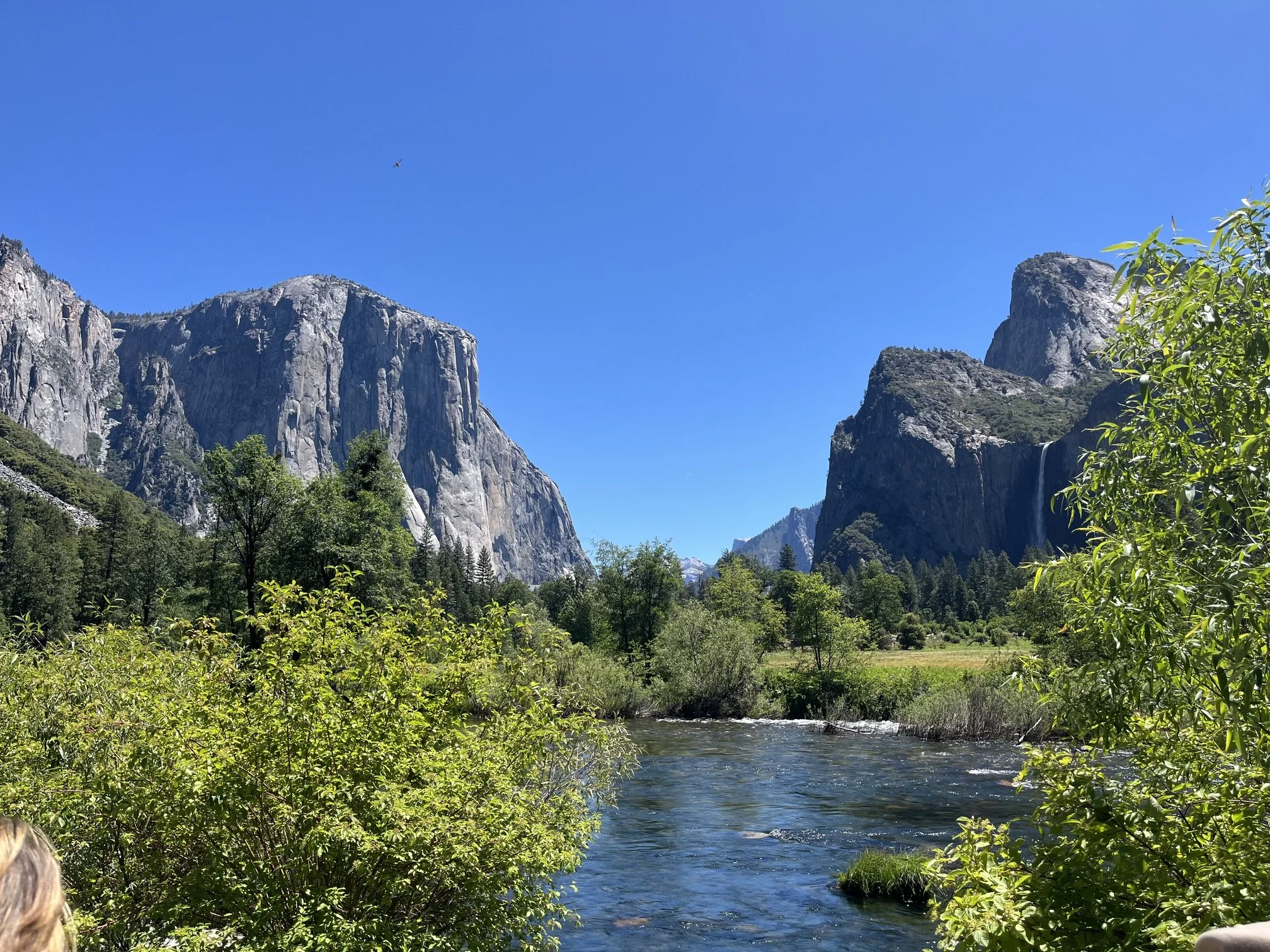 El Capitan and Bridalveil Falls as seen from Valley View scenic overlook