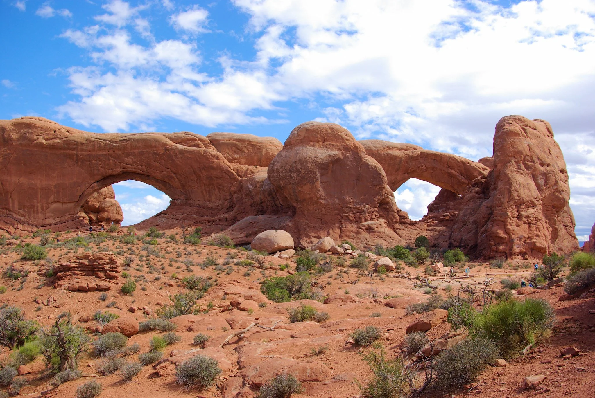 North and South Windows Arches inside Arches National Park from a distance