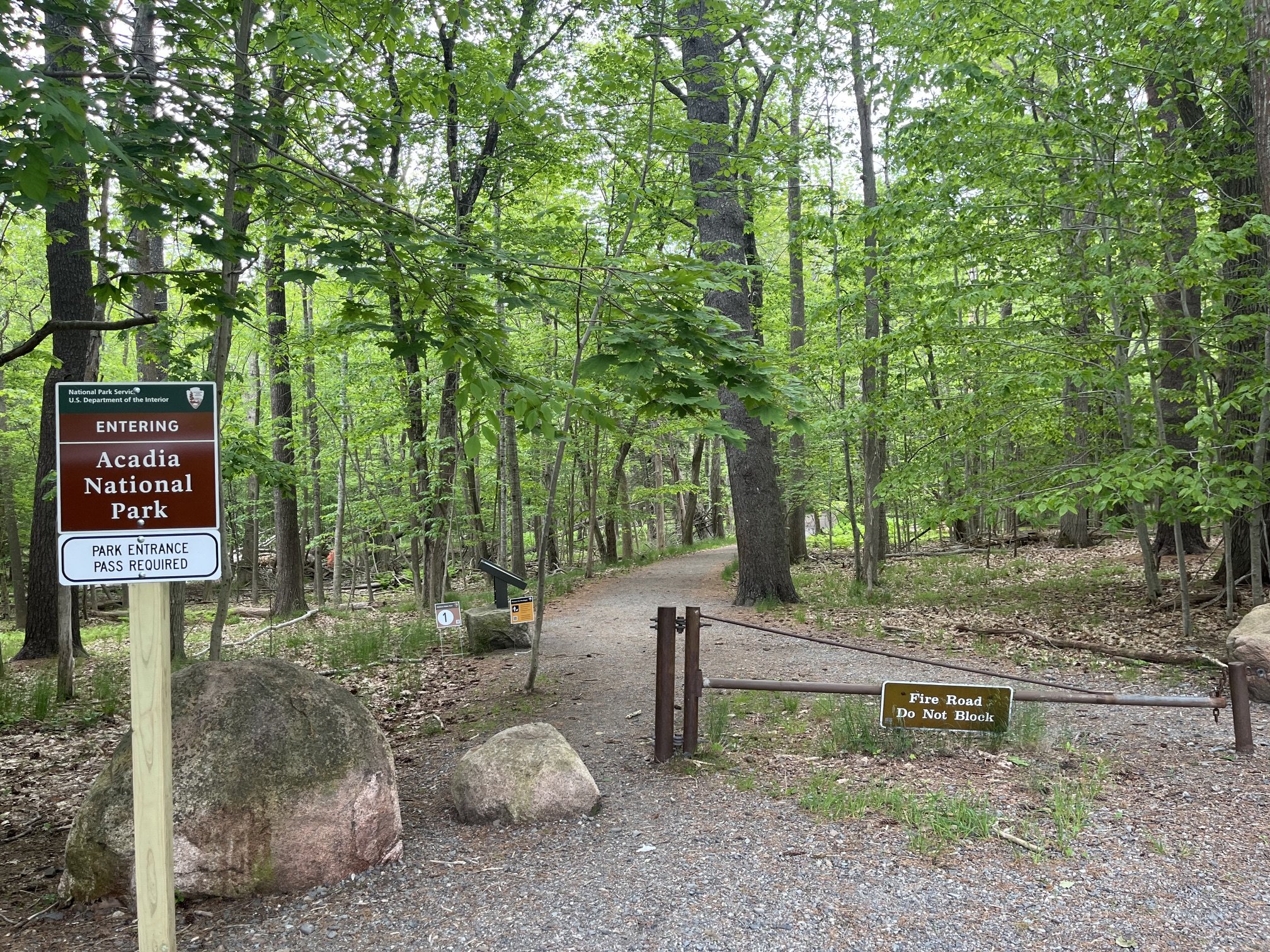 Entrance to the Compass Harbor Trail with Acadia National Park sign