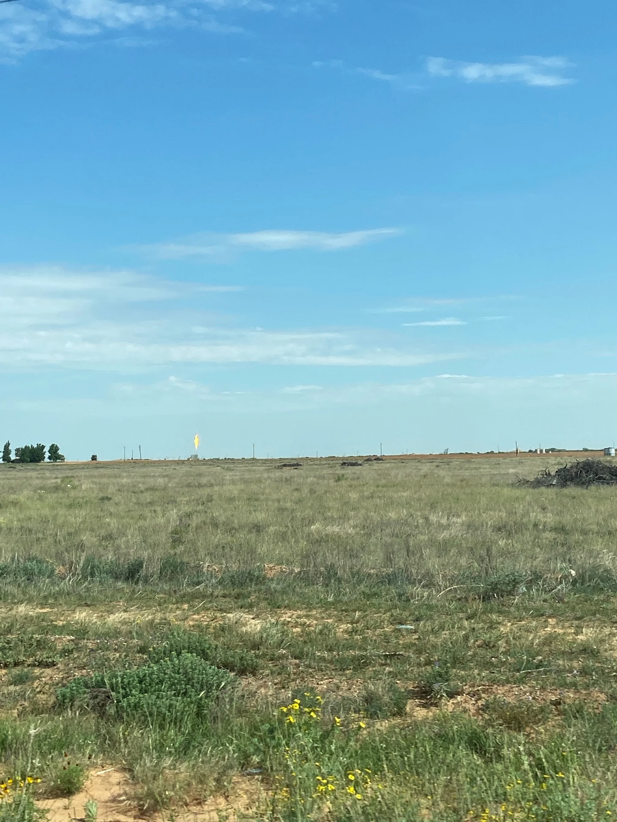 Oil rig in the distance across a wide expanse of grasslands near Carlsbad, New Mexico